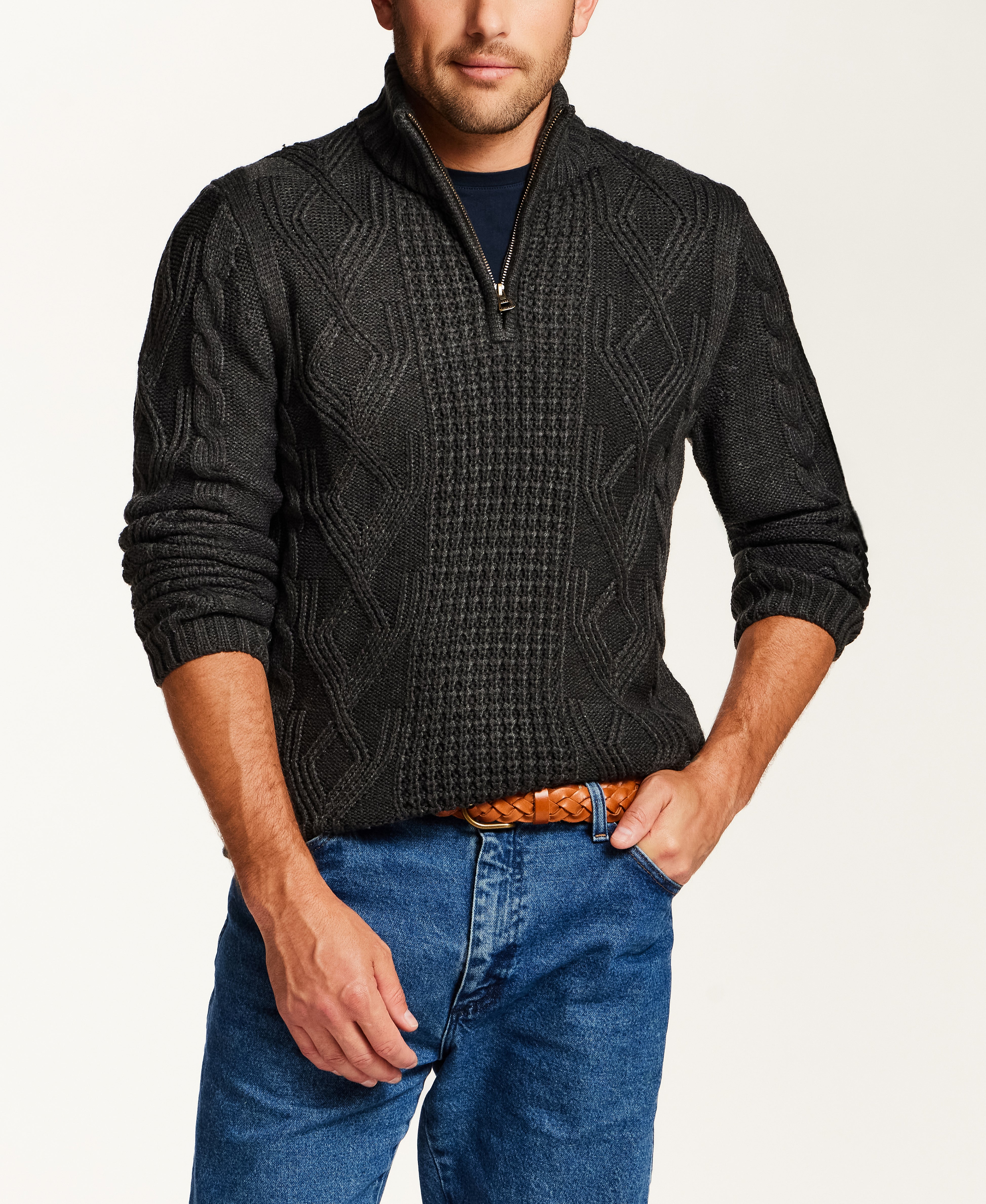 Mixed-Stitch Cable Quarter-Zip Sweater in Charcoal Heather
