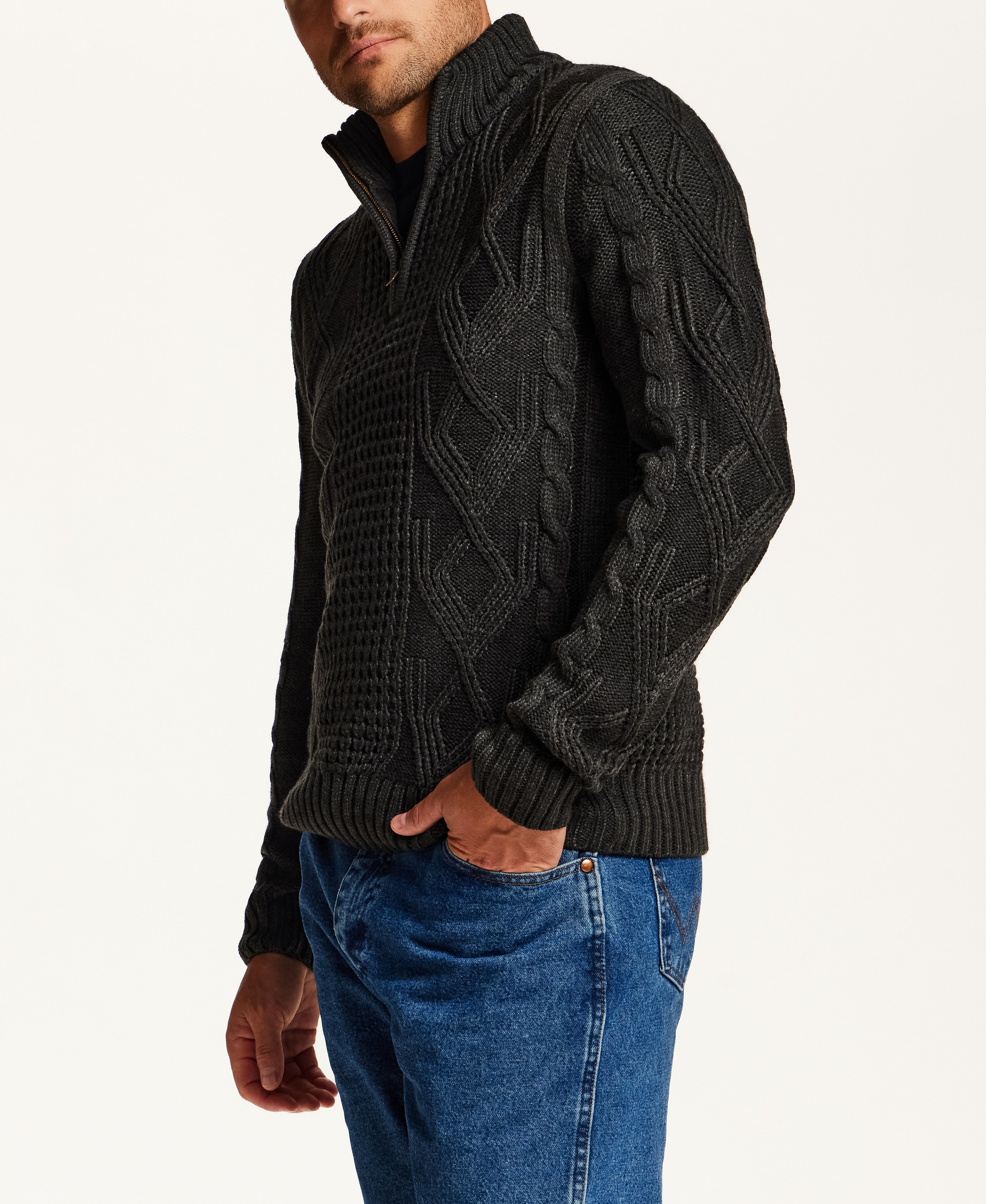 Mixed-Stitch Cable Quarter-Zip Sweater in Charcoal Heather