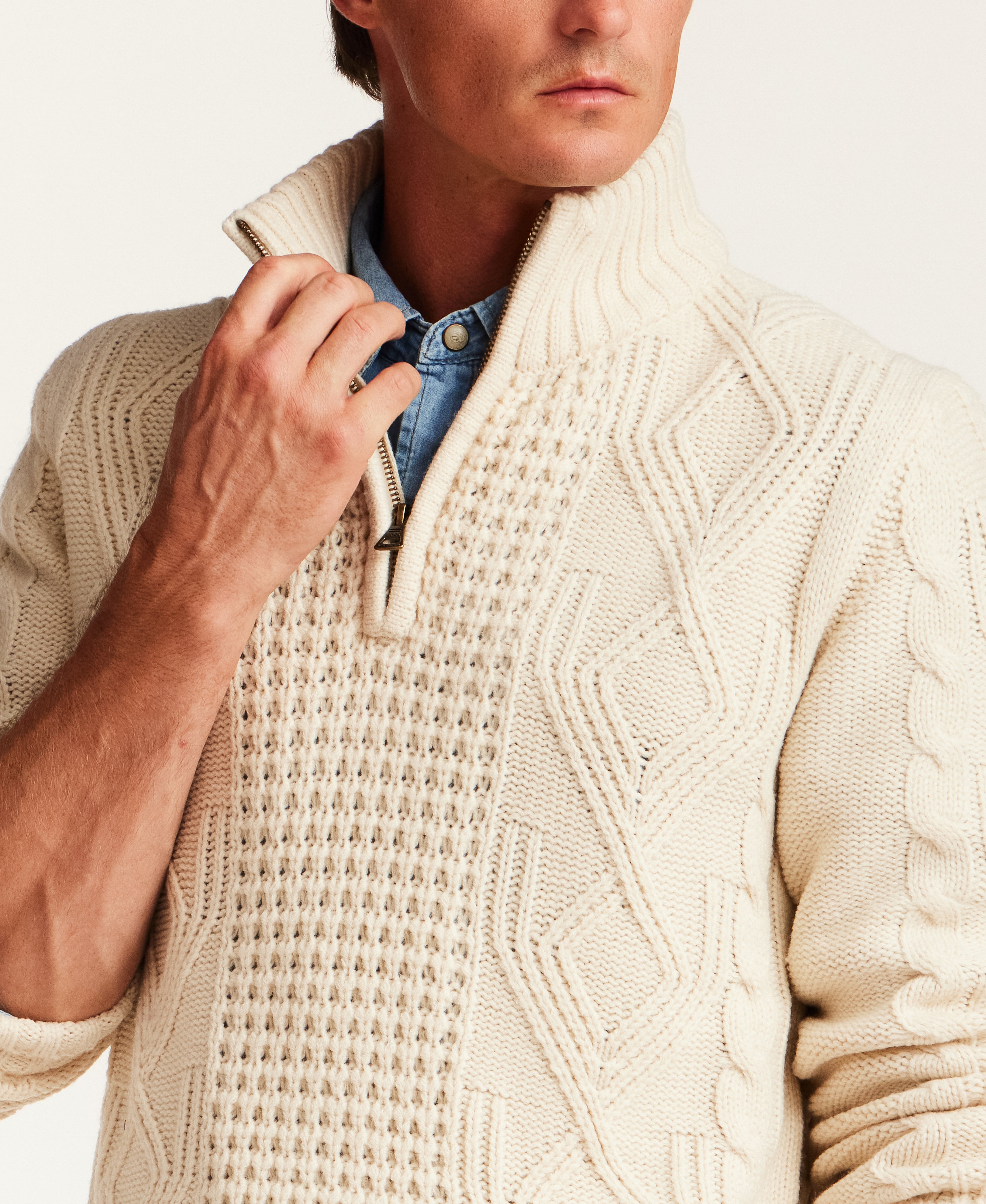Mixed-Stitch Cable Quarter-Zip Sweater in Ecru