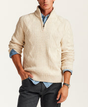 Mixed-Stitch Cable Quarter-Zip Sweater in Ecru