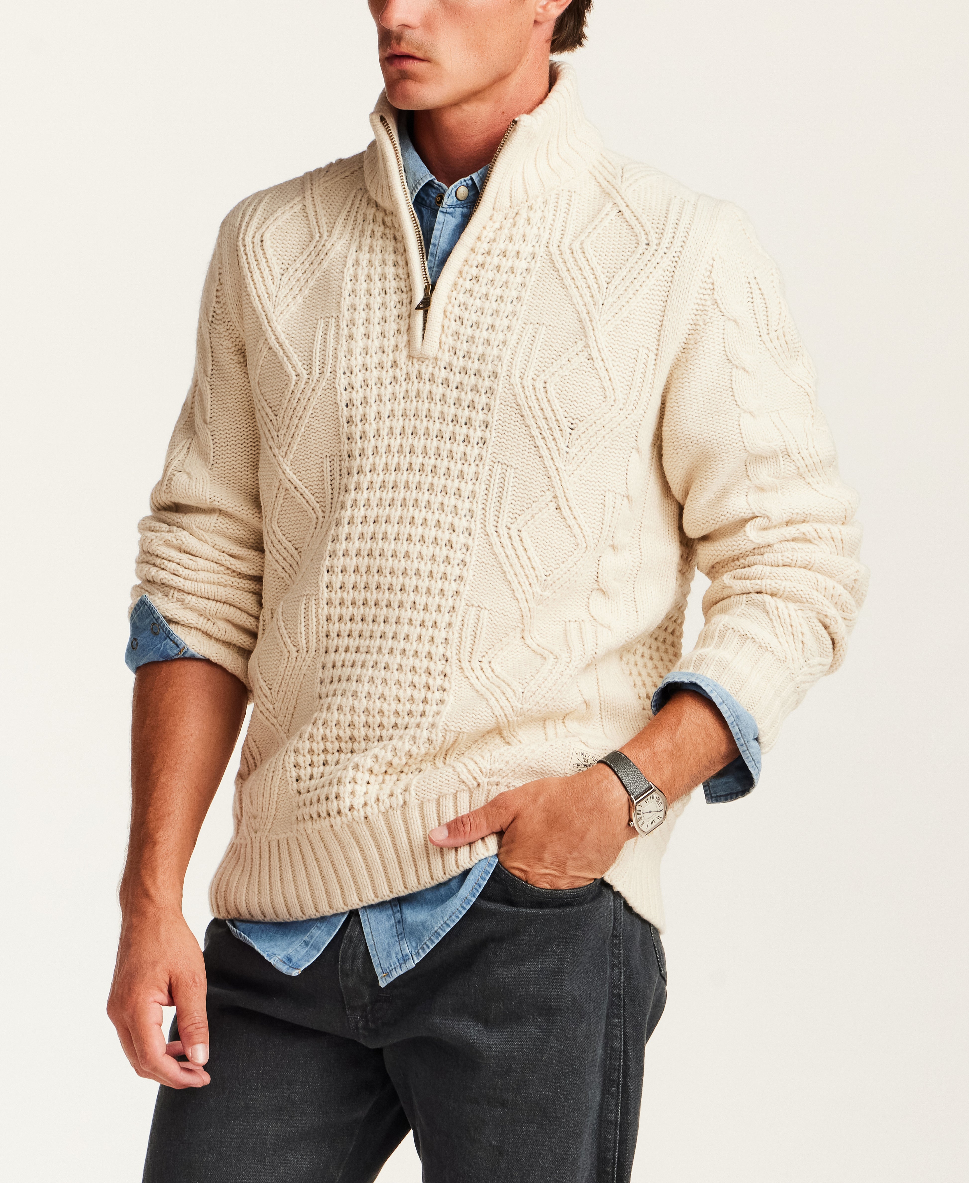 Mixed-Stitch Cable Quarter-Zip Sweater in Ecru