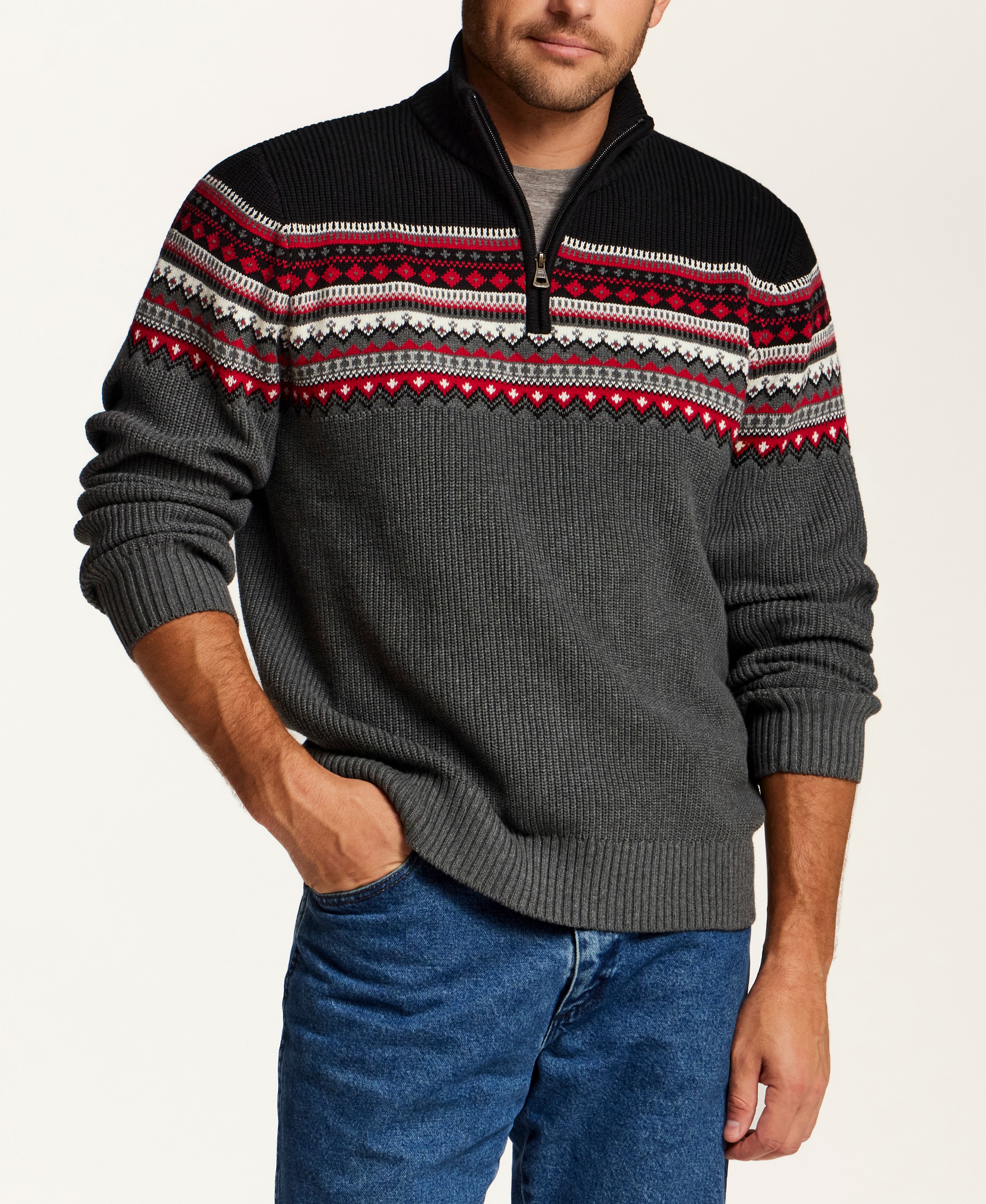 Maine Fair Isle Quarter-Zip Sweater in Black