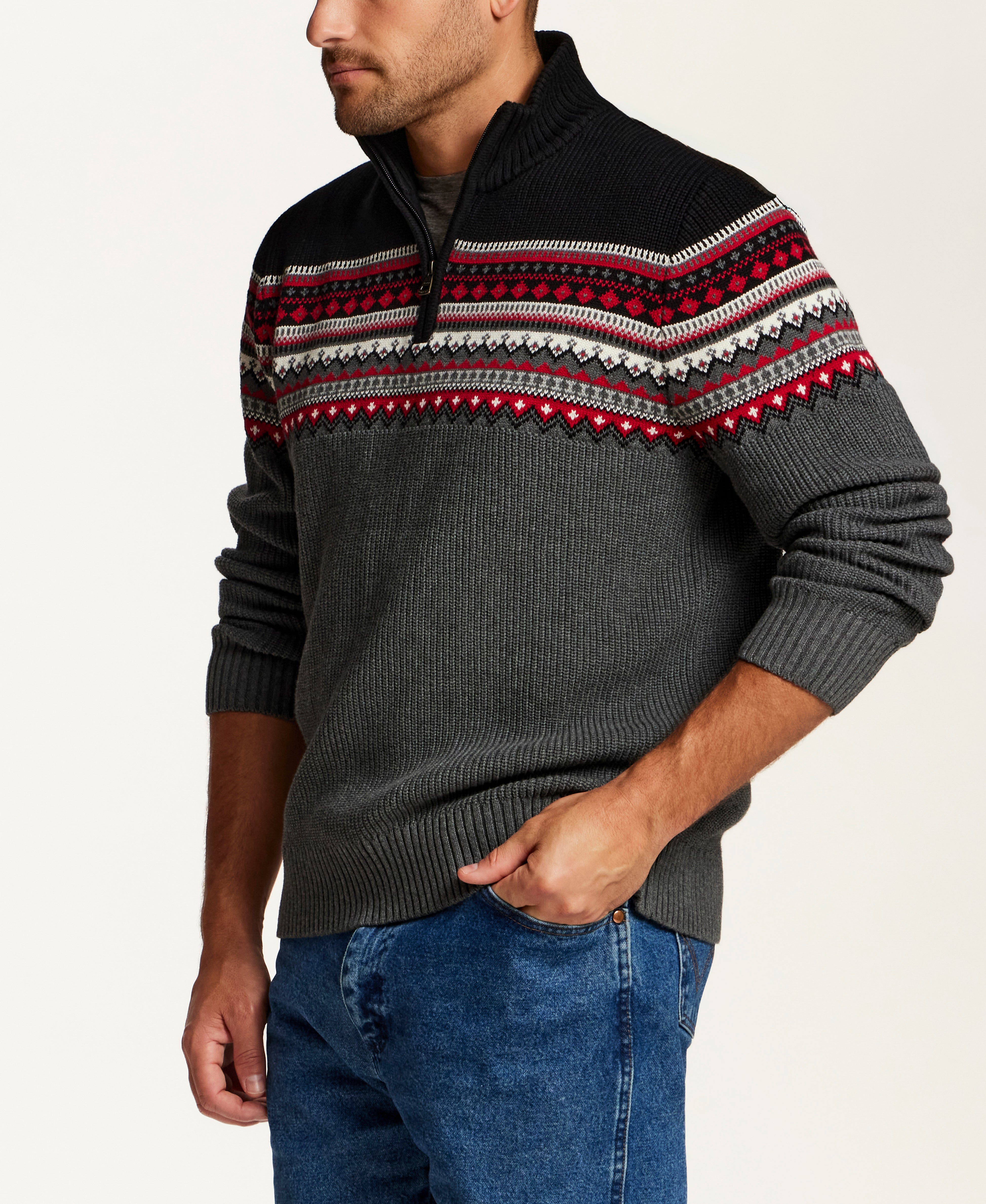 Maine Fair Isle Quarter-Zip Sweater in Black