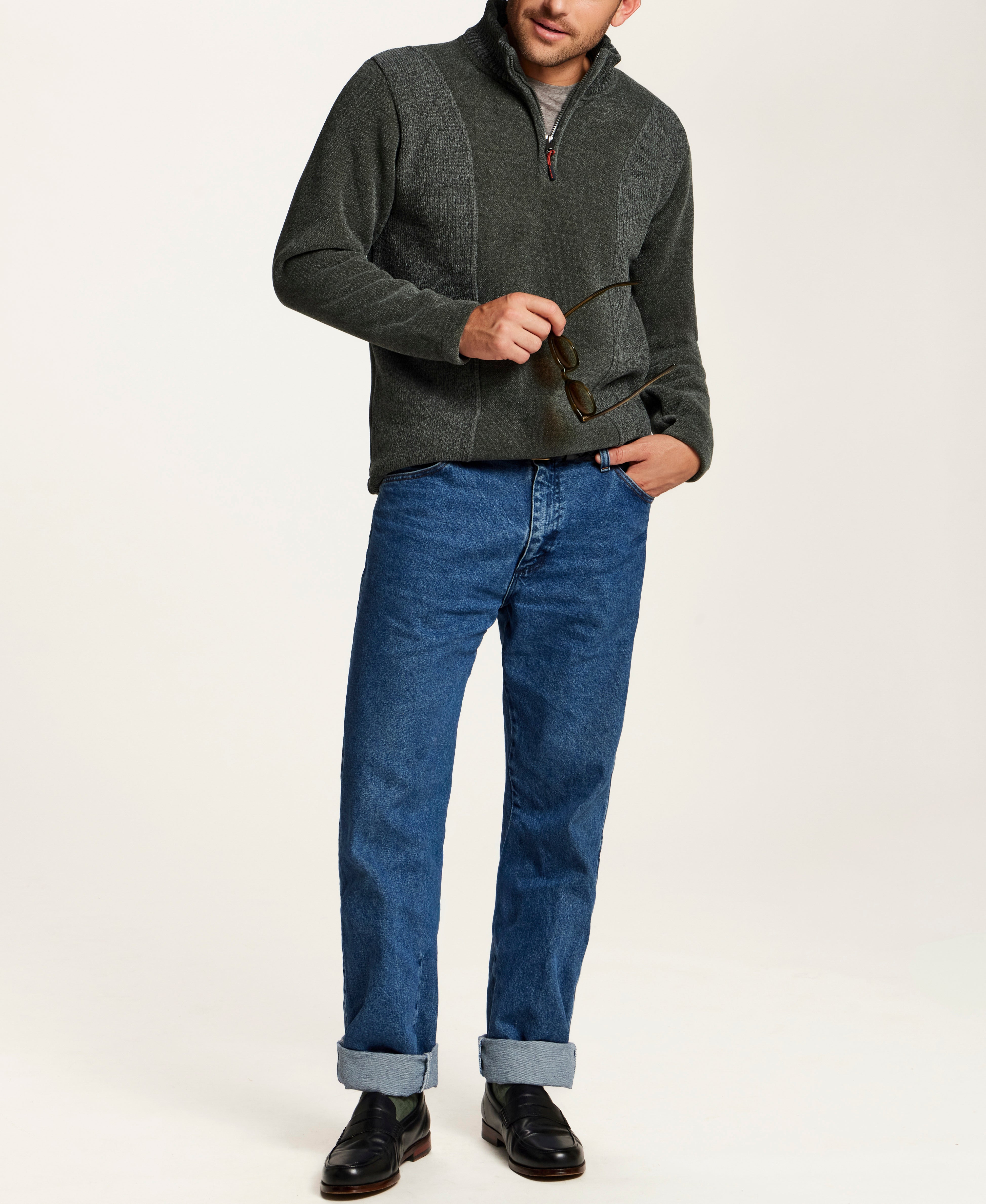 Mixed Texture Quarter-Zip with Drawcord in Evergreen