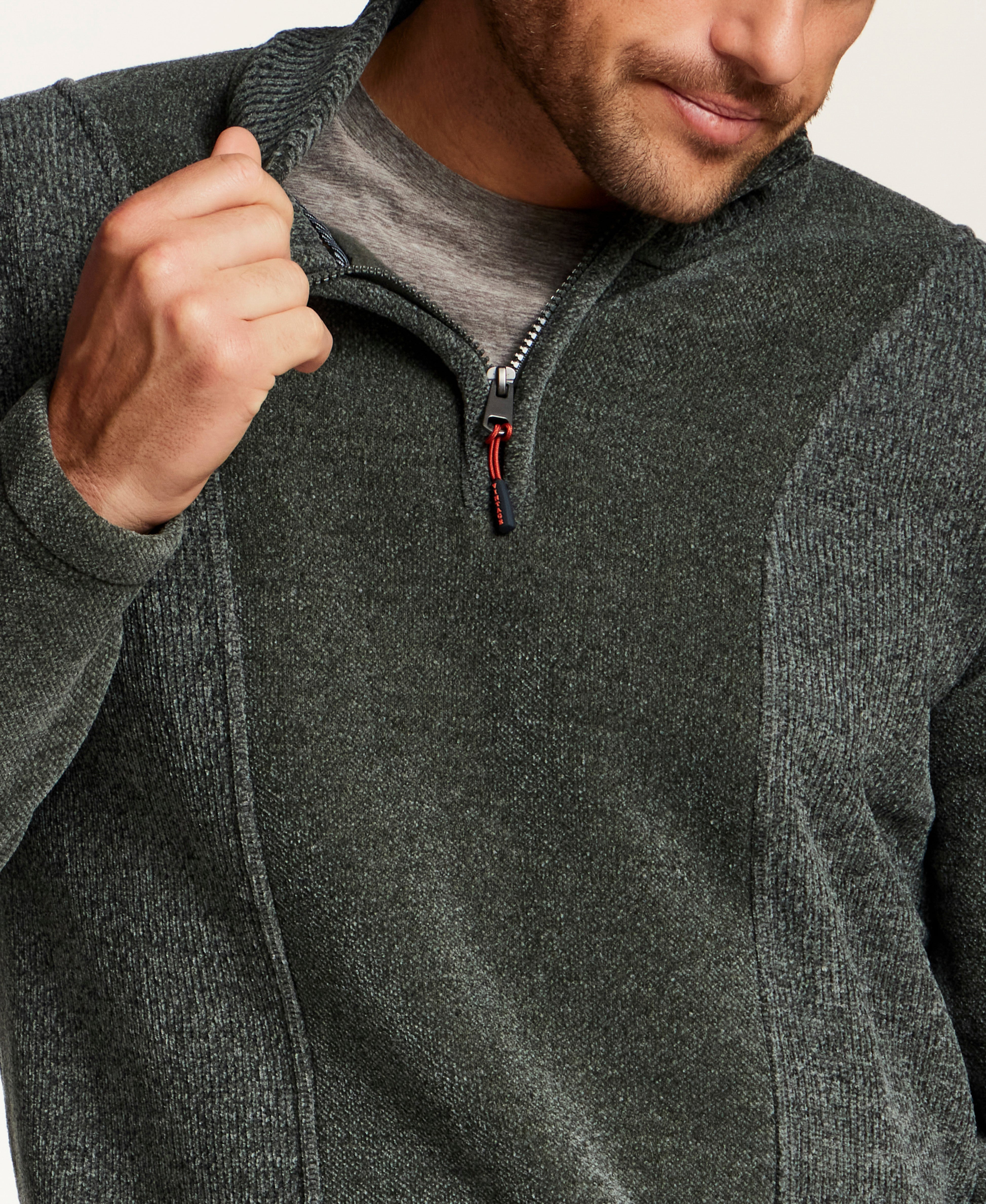 Mixed Texture Quarter-Zip with Drawcord in Evergreen