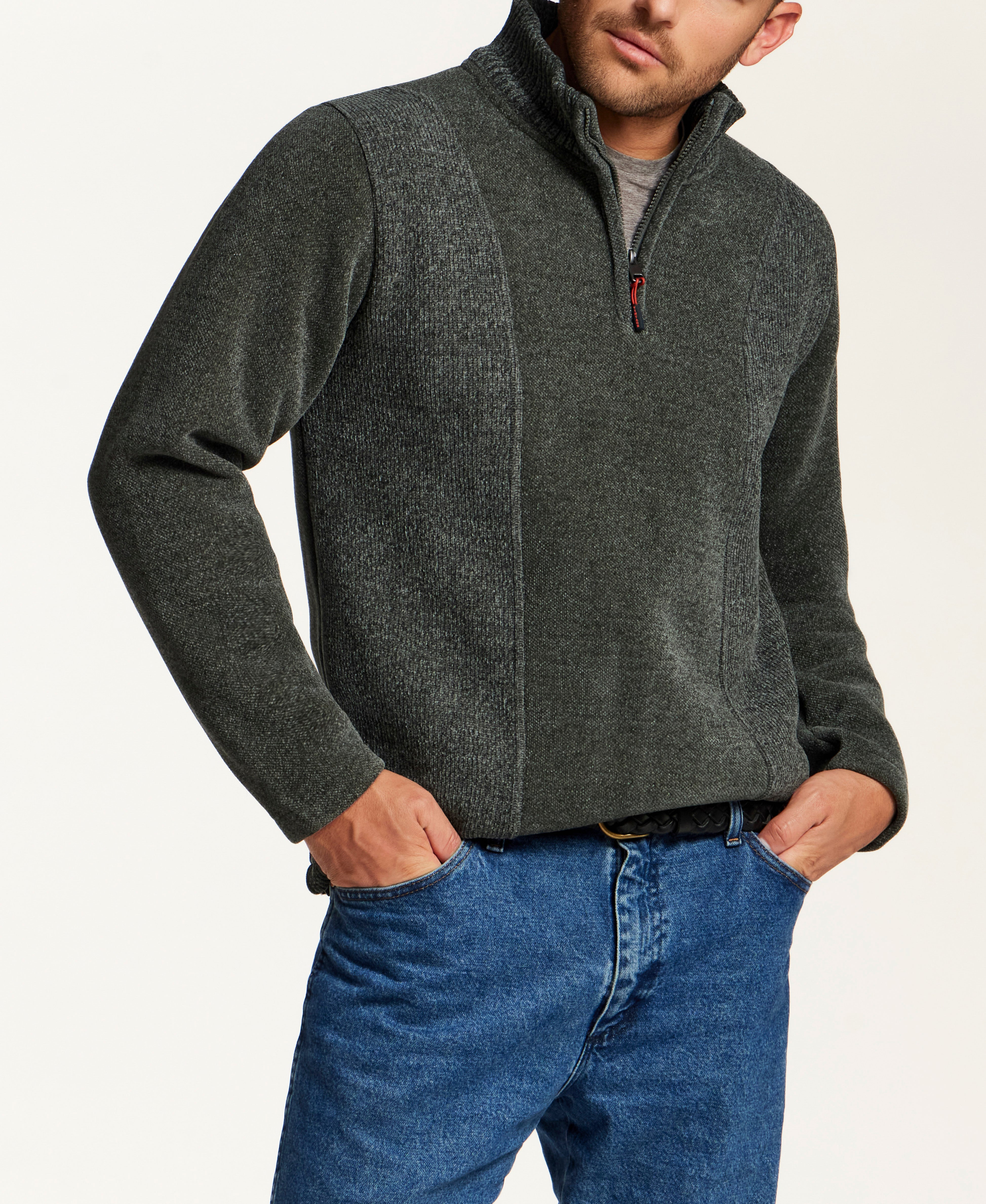 Mixed Texture Quarter-Zip with Drawcord in Evergreen