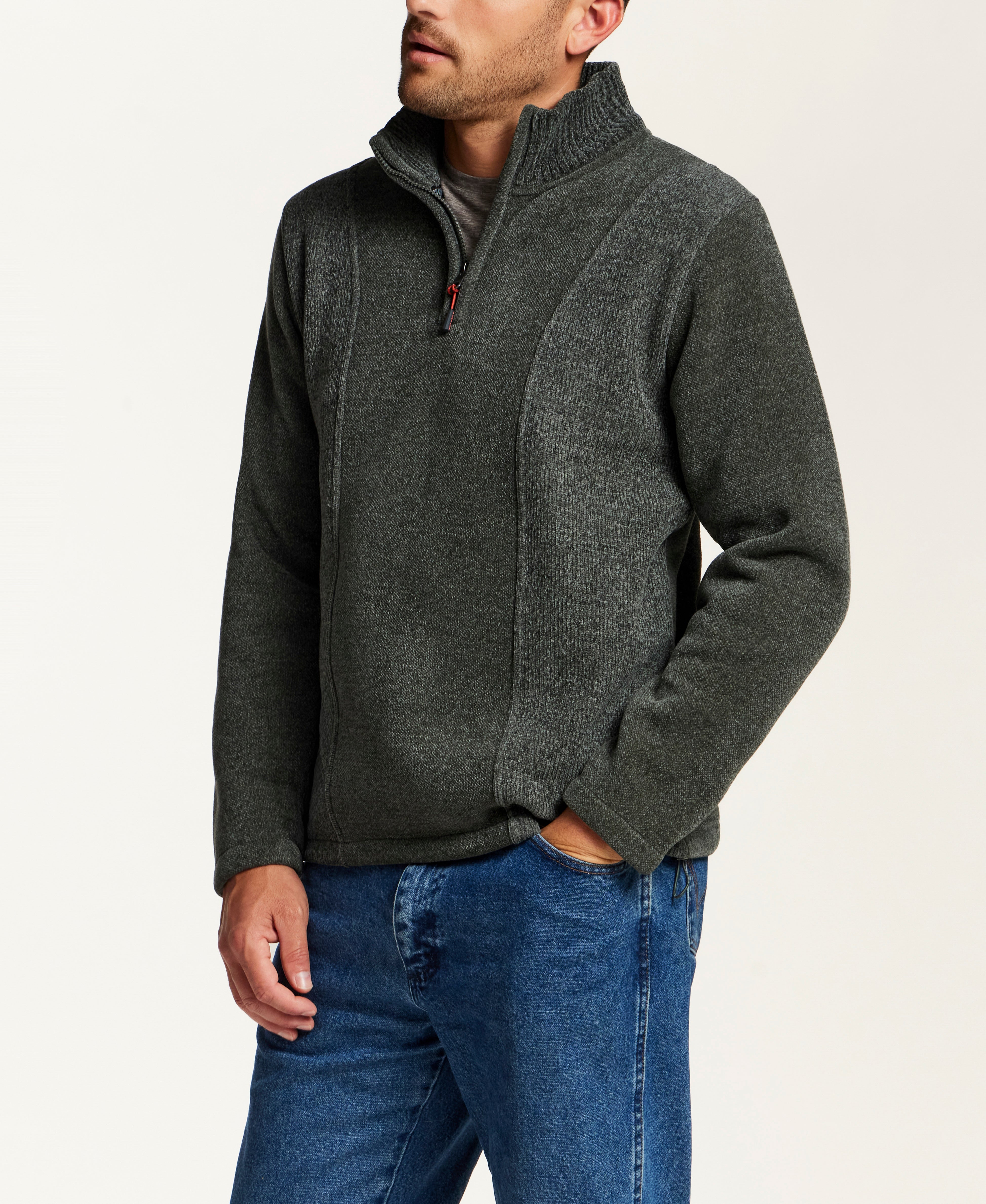 Mixed Texture Quarter-Zip with Drawcord in Evergreen