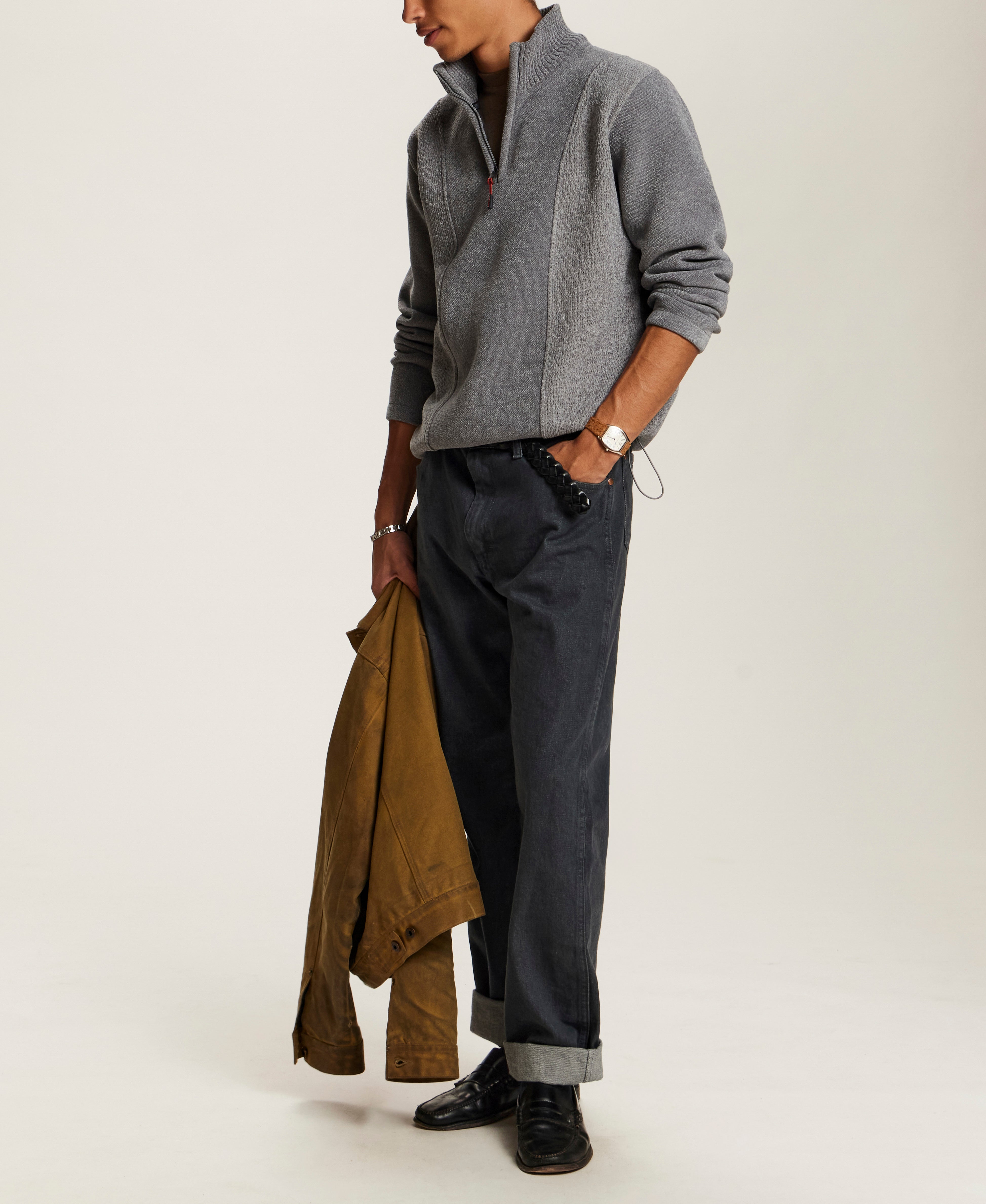 Mixed Texture Quarter-Zip with Drawcord in Medium Grey