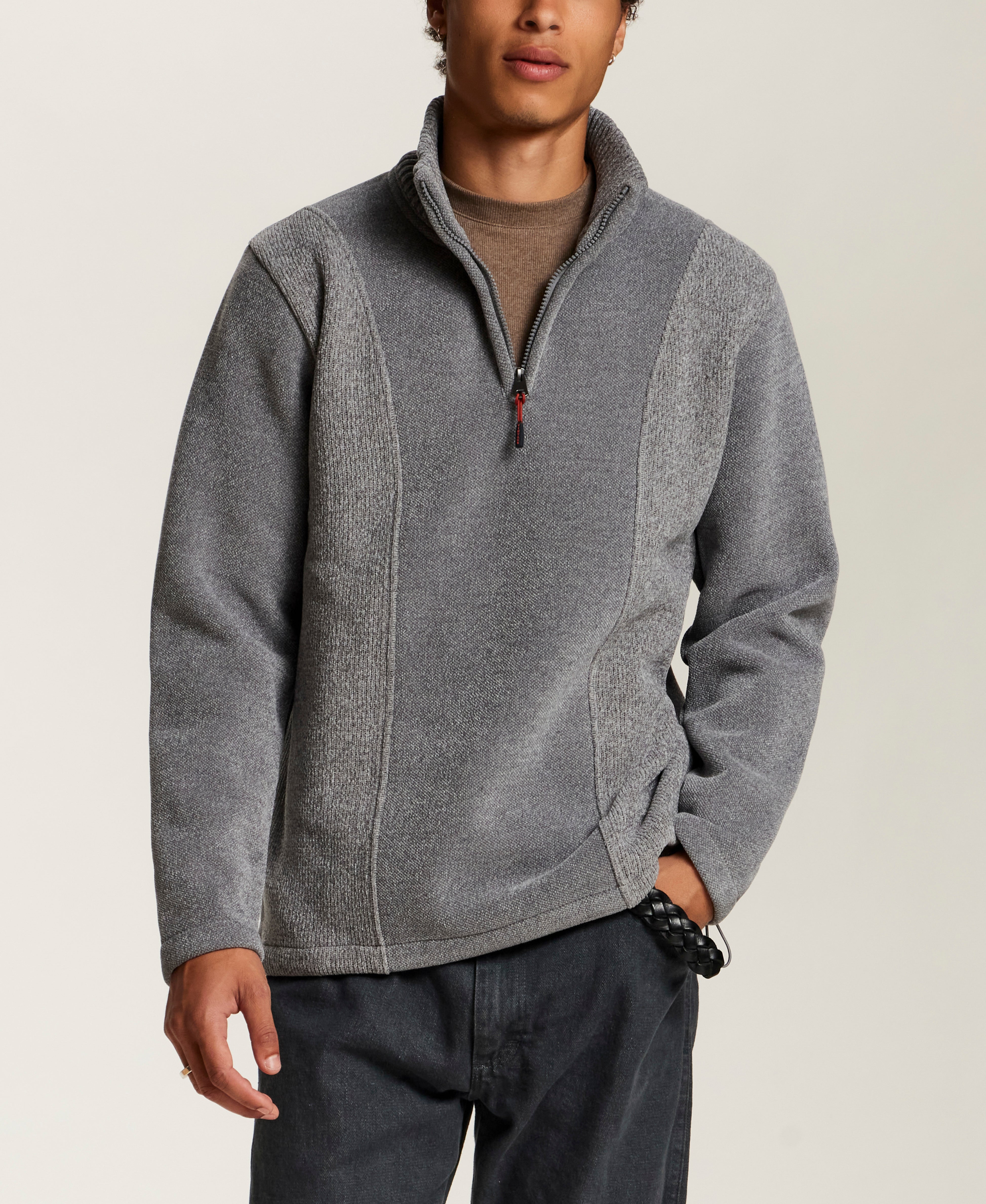 Mixed Texture Quarter-Zip with Drawcord in Medium Grey