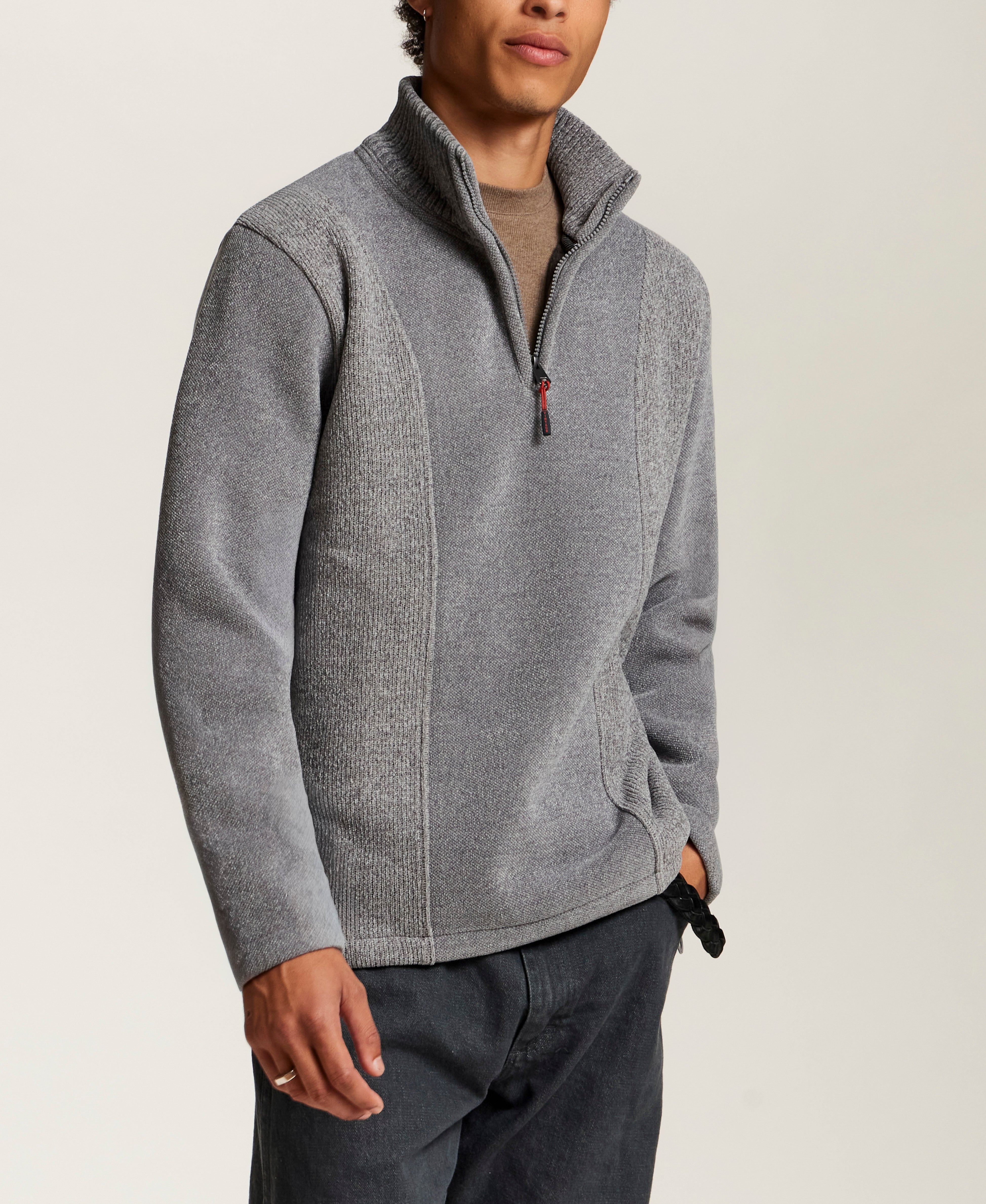Mixed Texture Quarter-Zip with Drawcord in Medium Grey