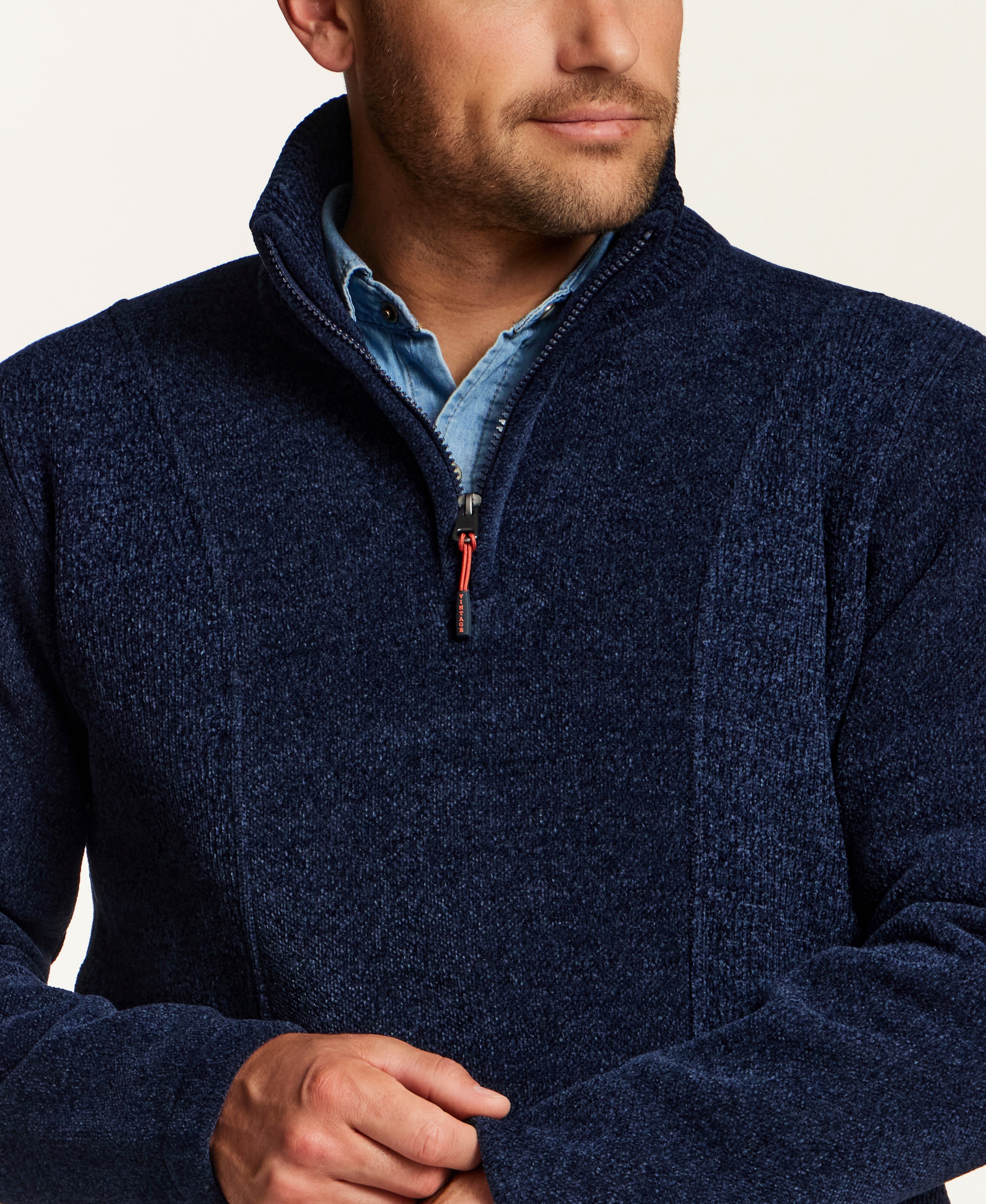 Mixed Texture Quarter-Zip with Drawcord in Navy