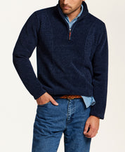 Mixed Texture Quarter-Zip with Drawcord in Navy