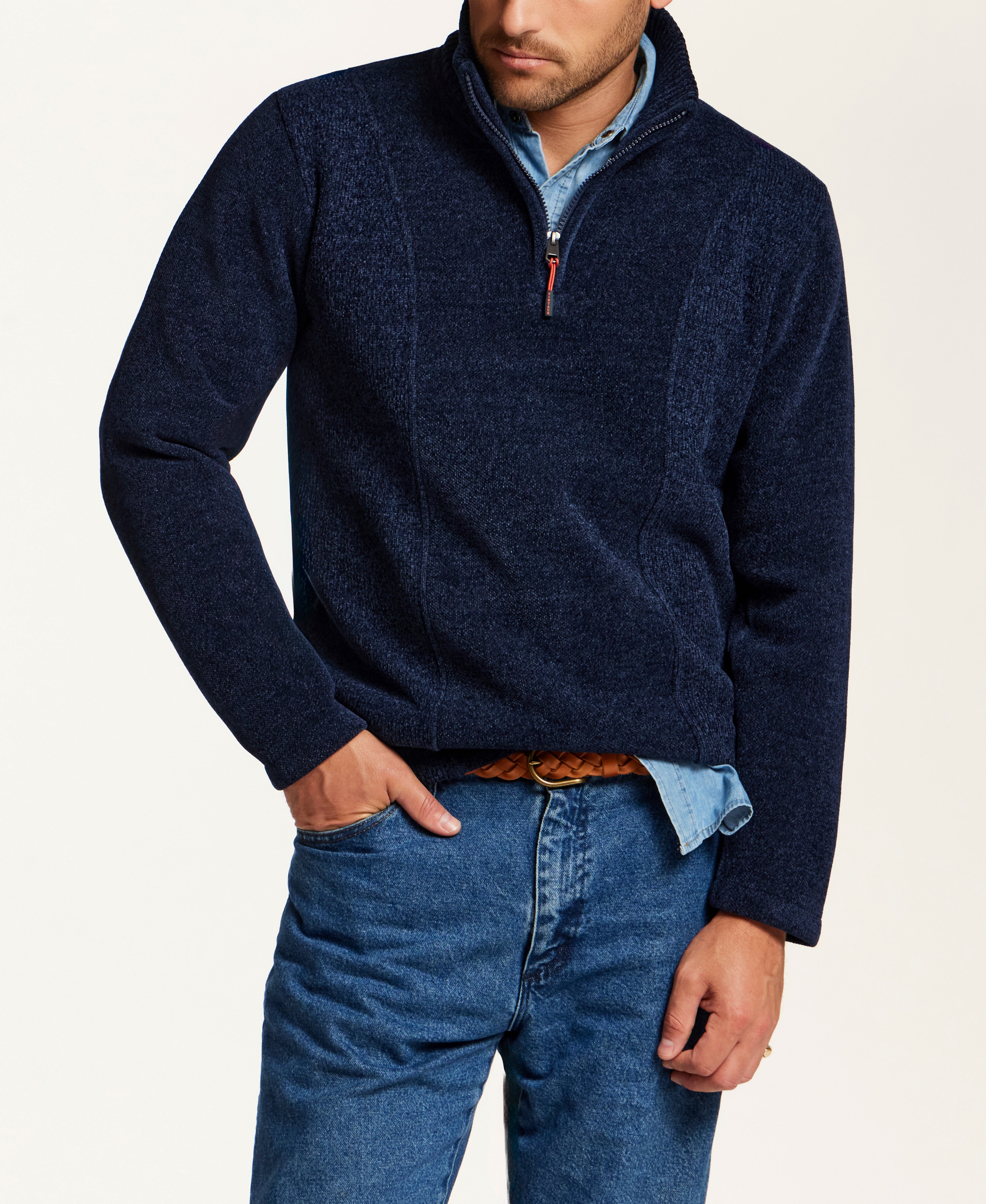 Mixed Texture Quarter-Zip with Drawcord in Navy