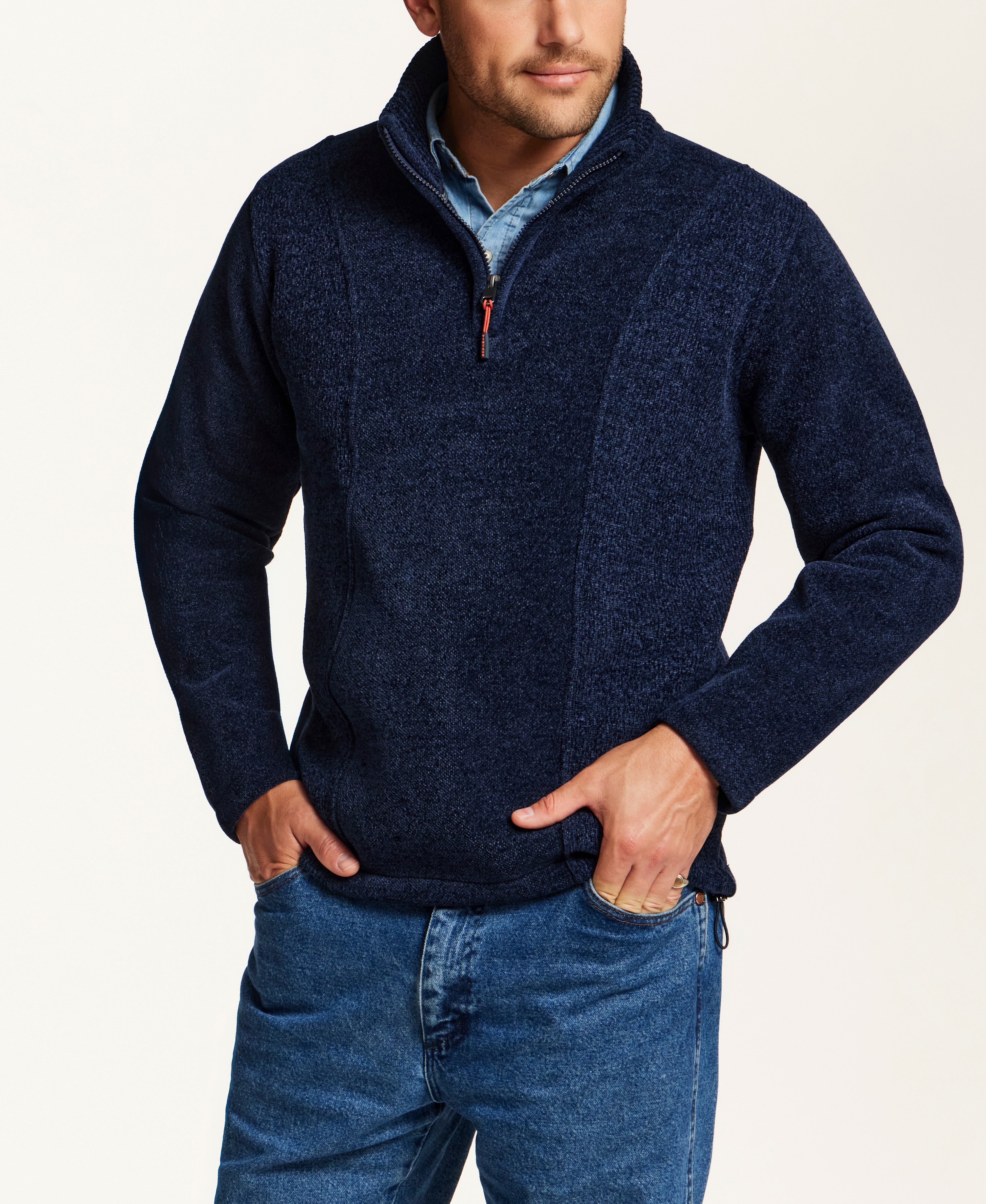 Mixed Texture Quarter-Zip with Drawcord in Navy