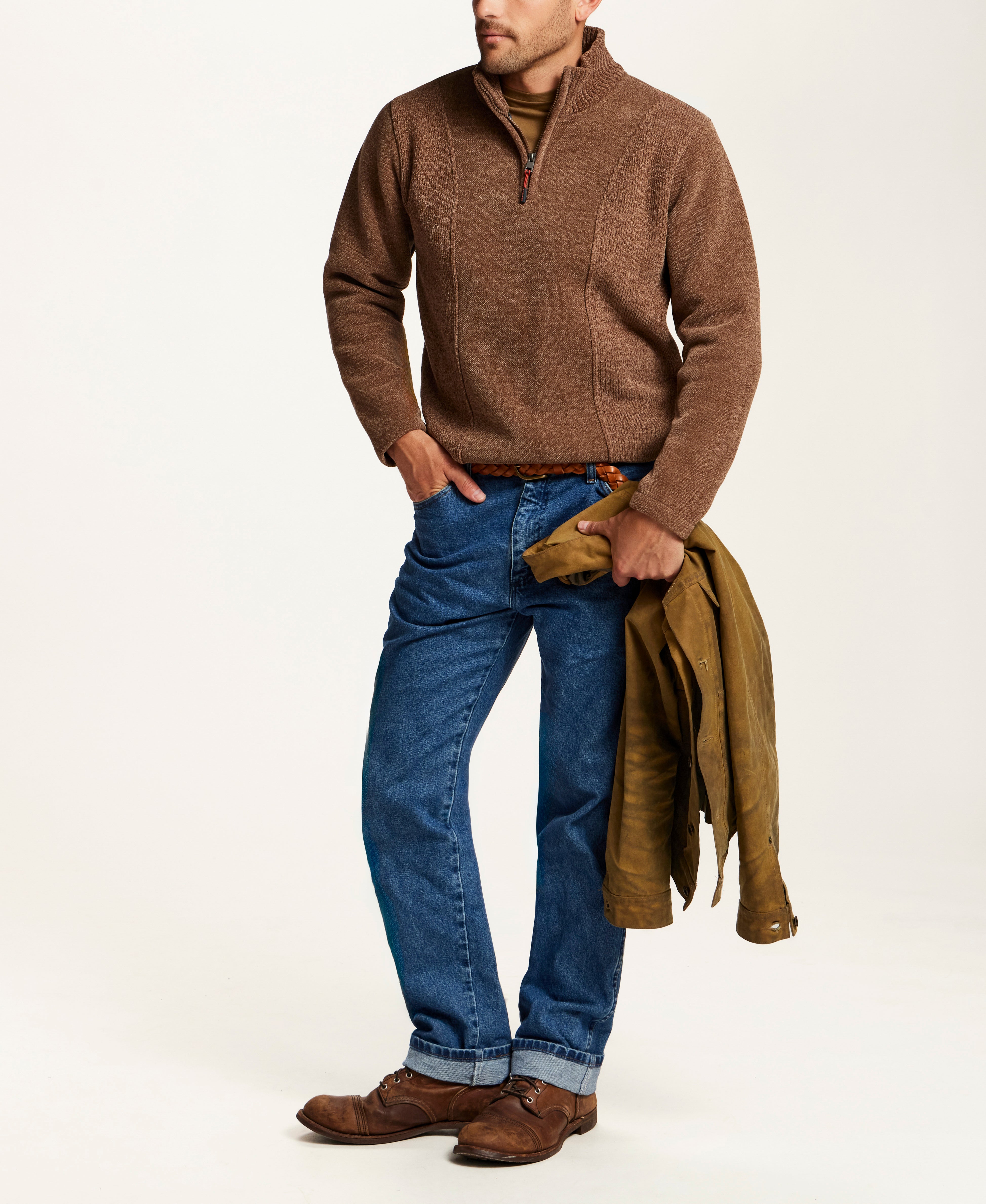 Mixed Texture Quarter-Zip with Drawcord in Suede