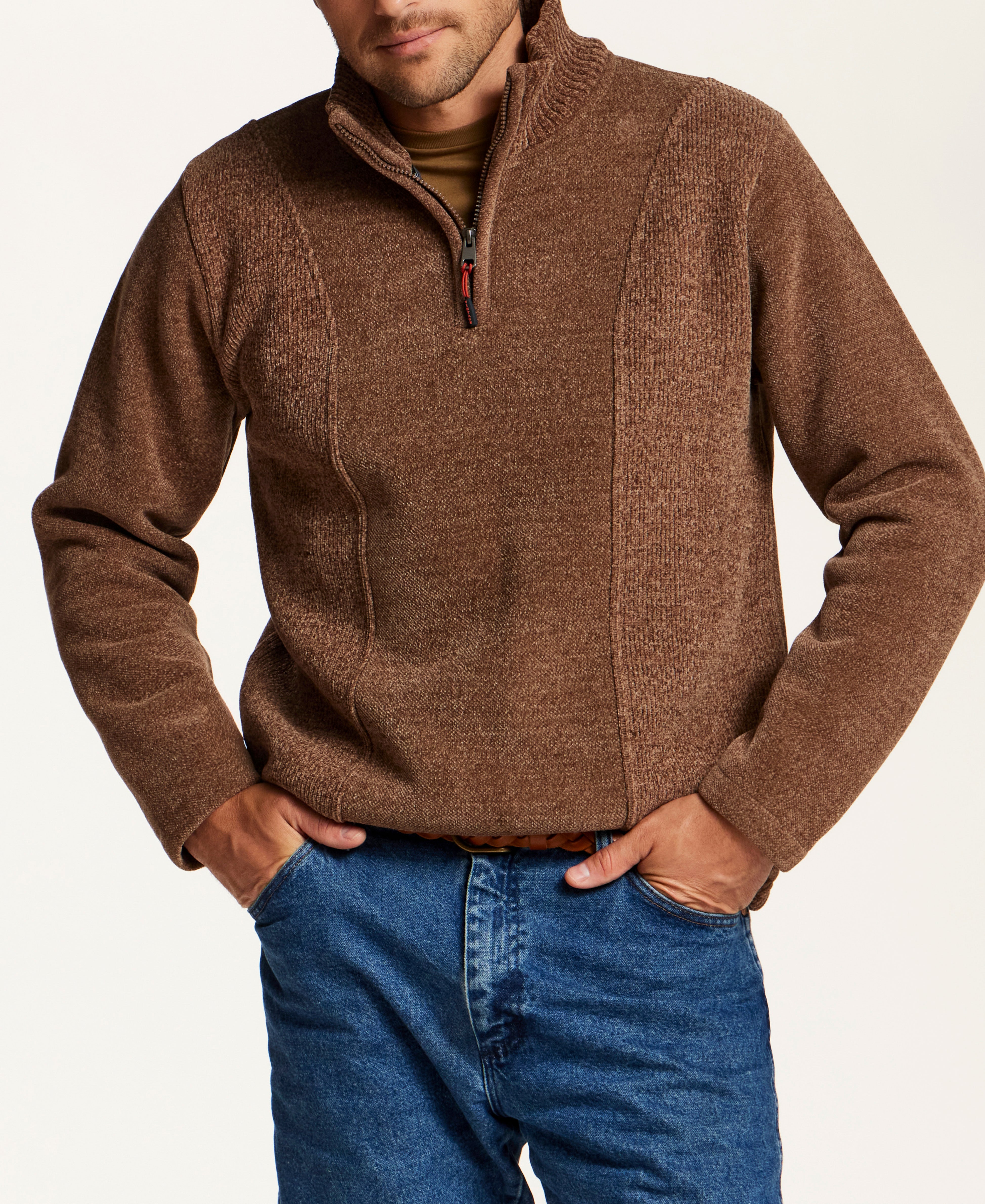 Mixed Texture Quarter-Zip with Drawcord in Suede