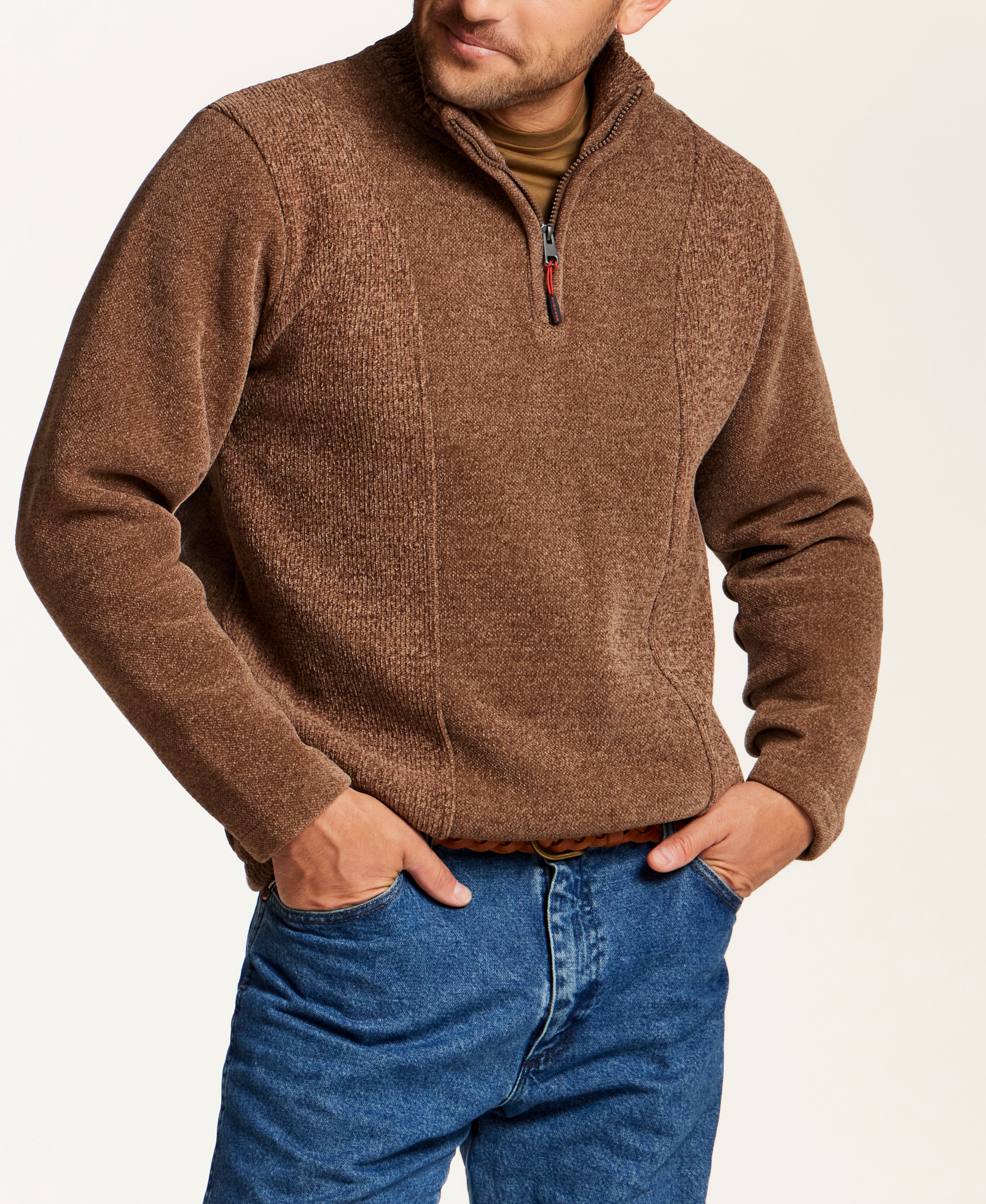 Mixed Texture Quarter-Zip with Drawcord in Suede