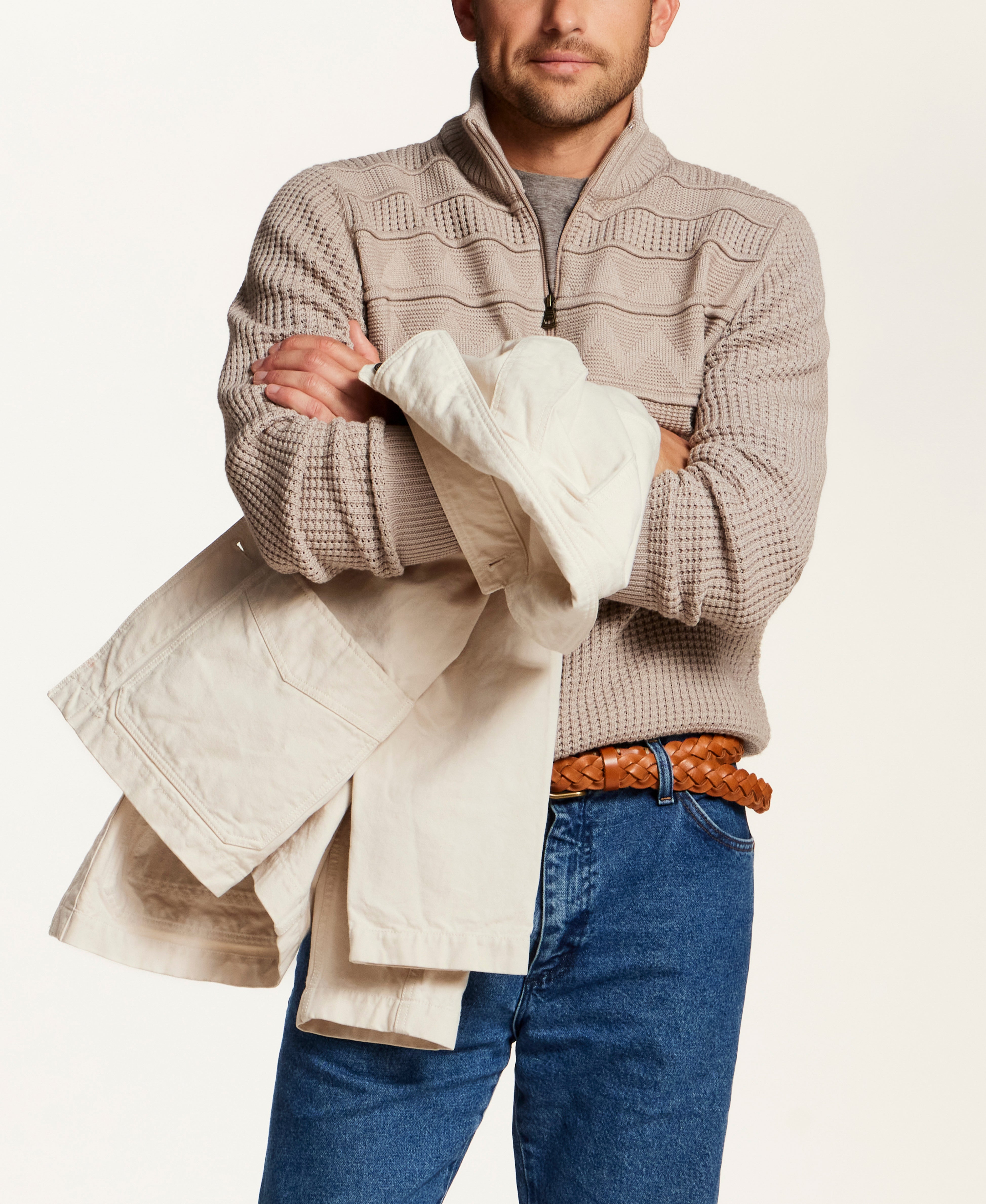 Textured Yoke Quarter-Zip Sweater in Bone