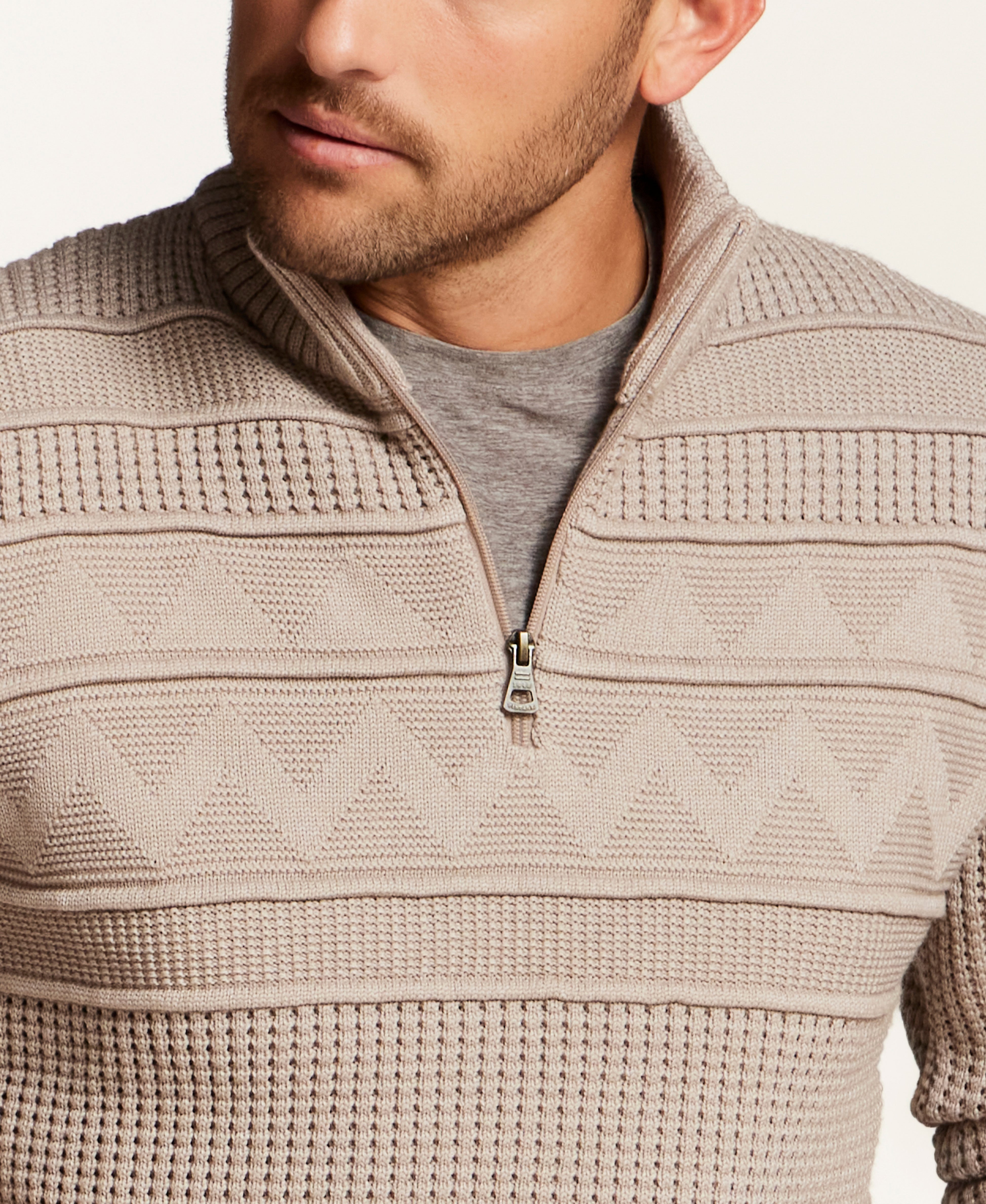 Textured Yoke Quarter-Zip Sweater in Bone