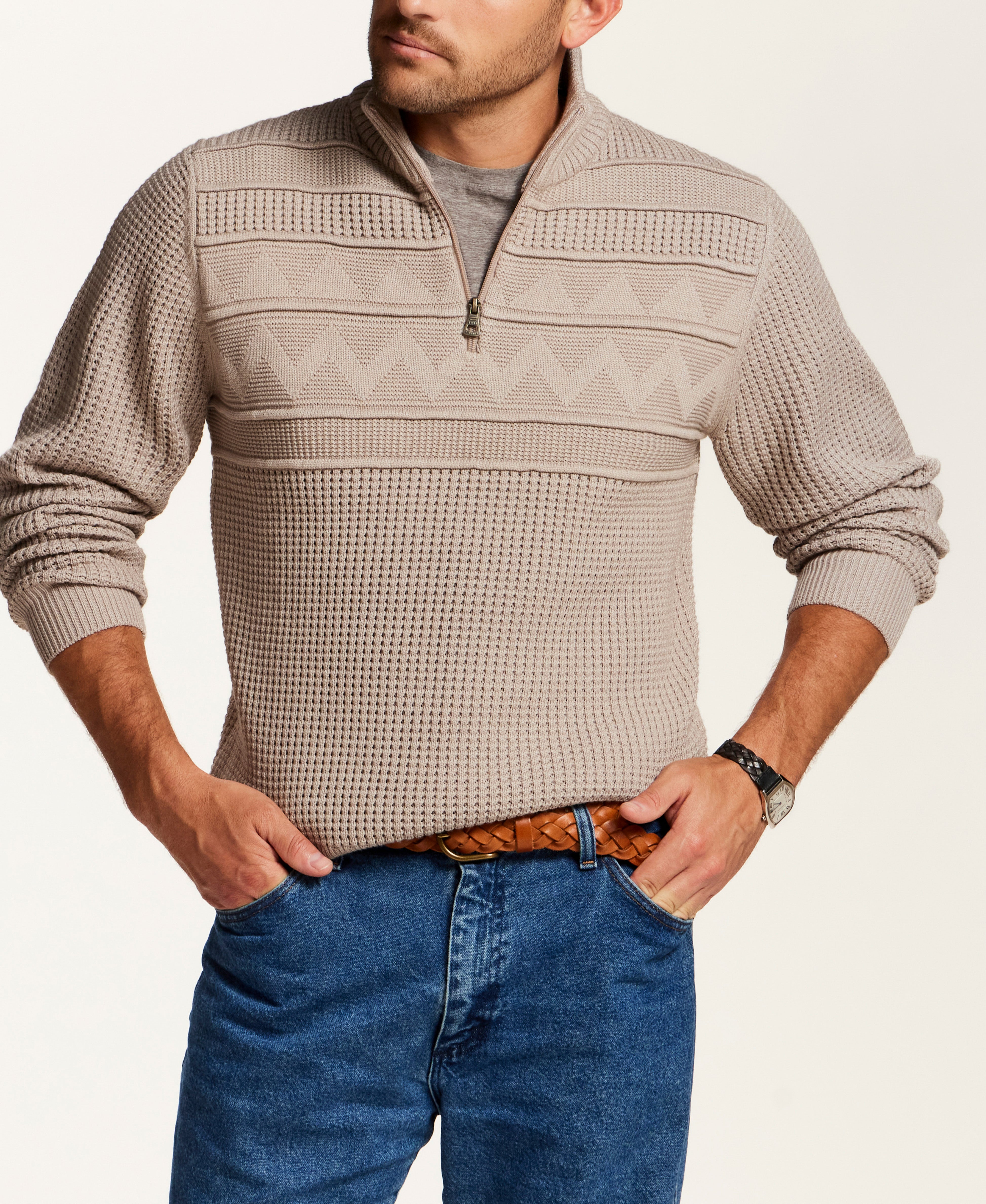 Textured Yoke Quarter-Zip Sweater in Bone