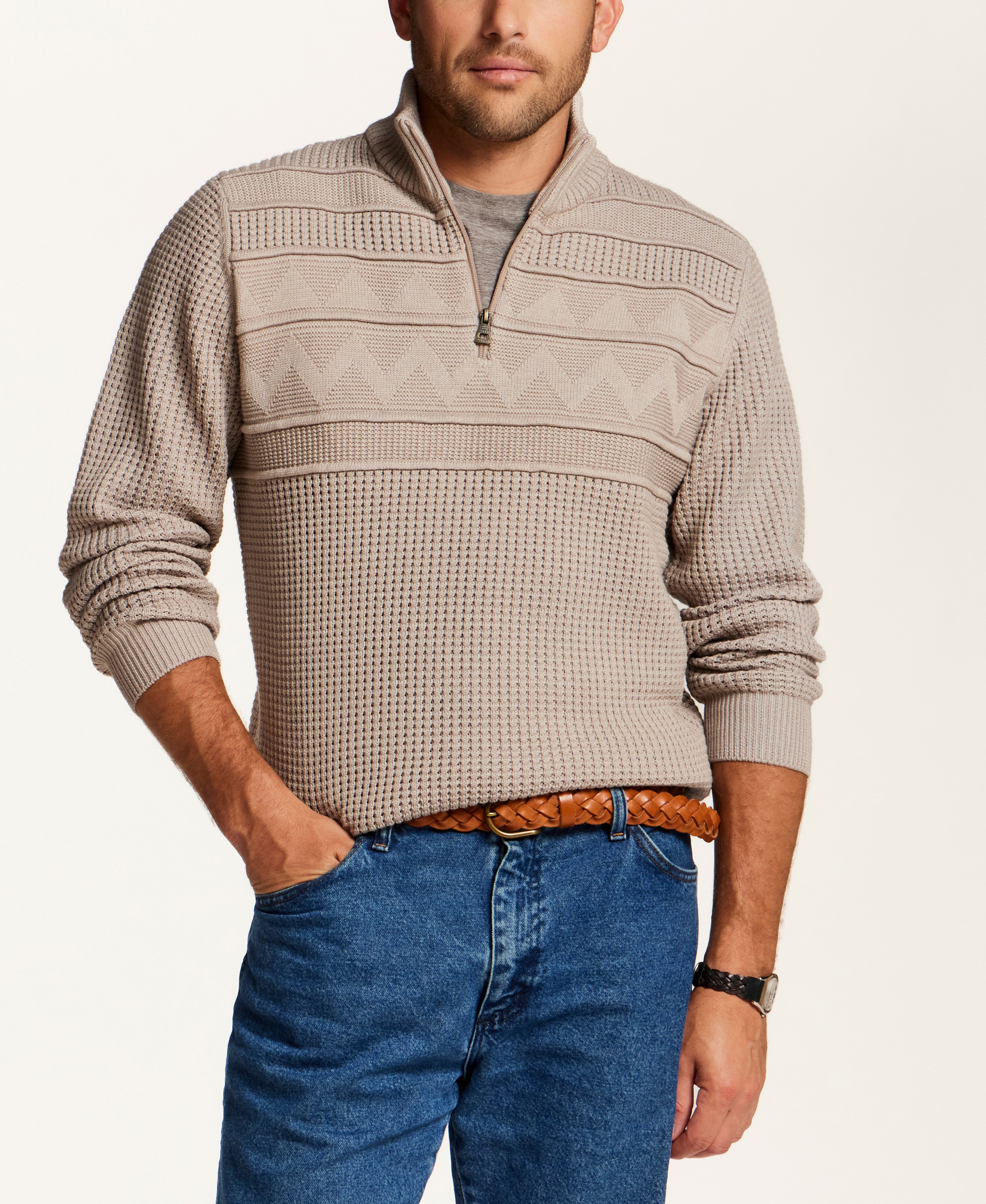 Textured Yoke Quarter-Zip Sweater in Bone