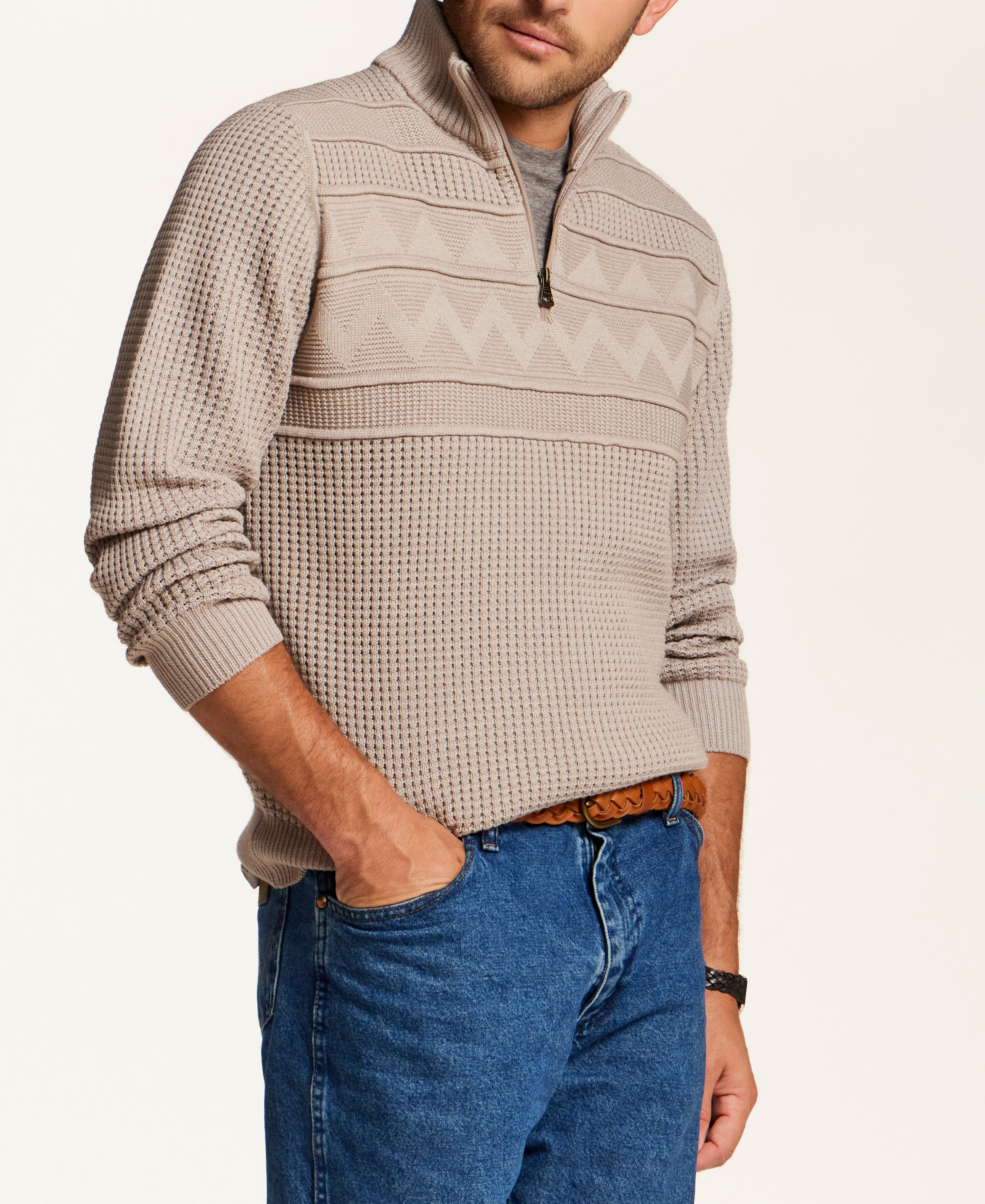 Textured Yoke Quarter-Zip Sweater in Bone