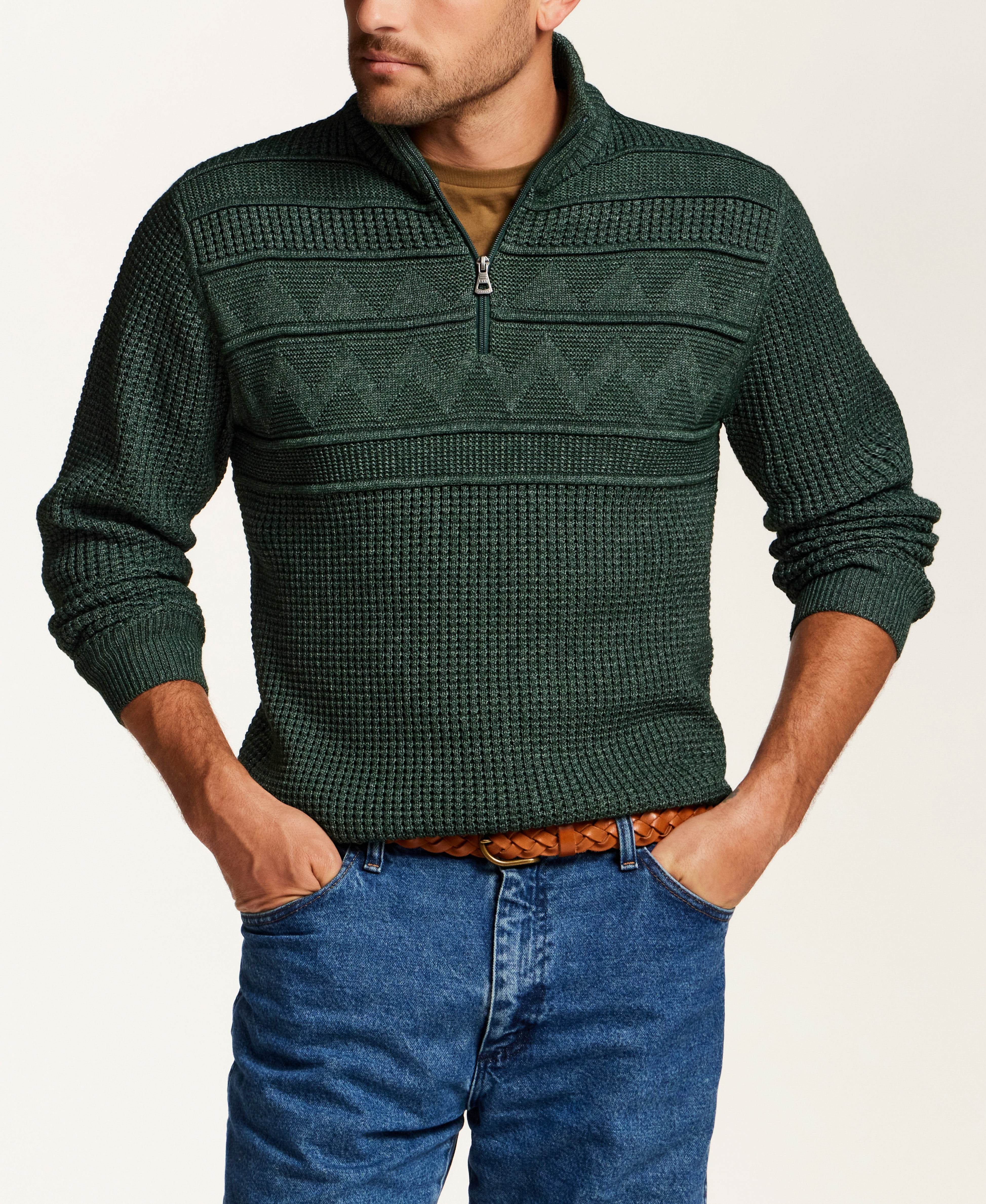 Textured Yoke Quarter-Zip Sweater in Botanical Green