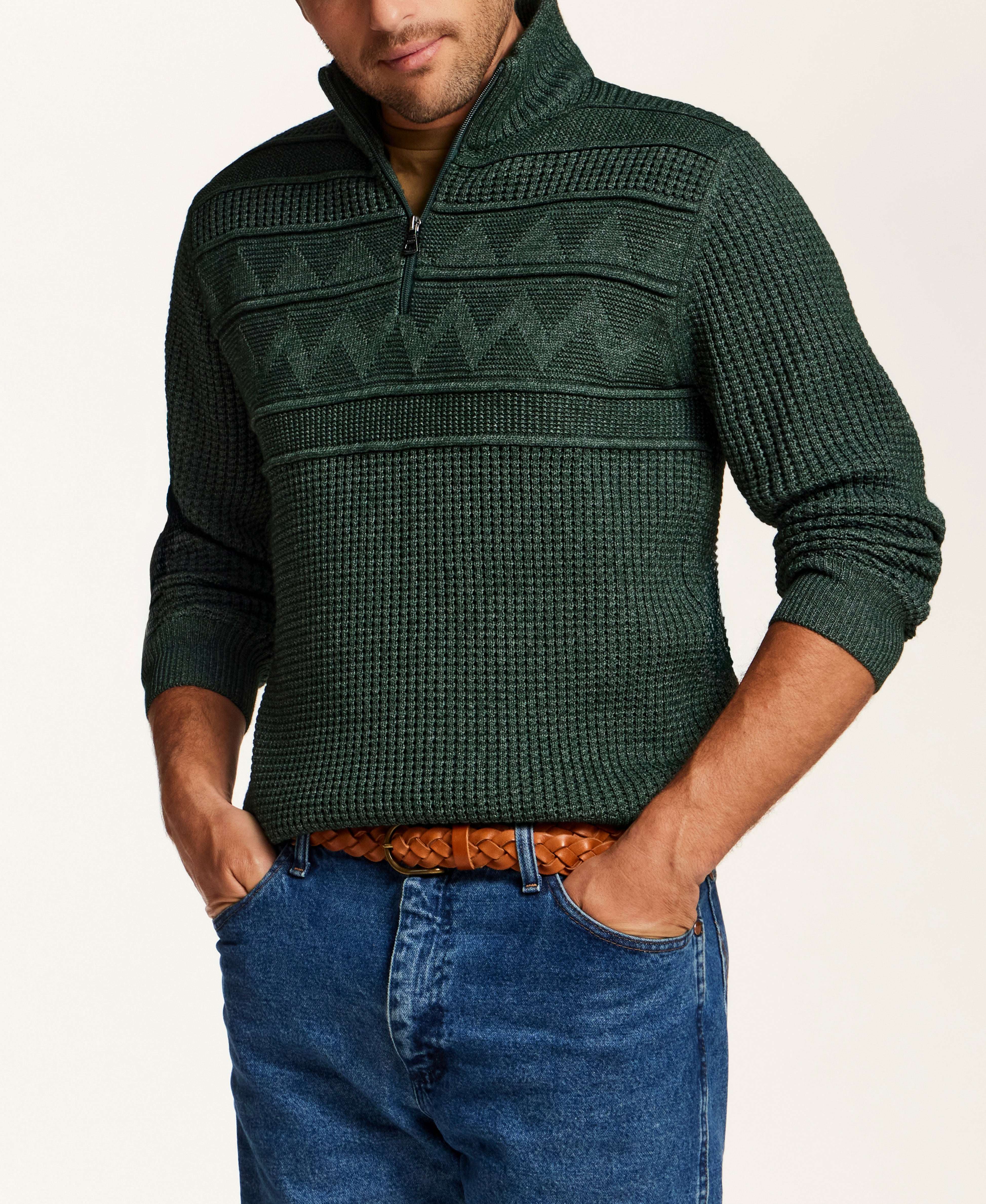Textured Yoke Quarter-Zip Sweater in Botanical Green