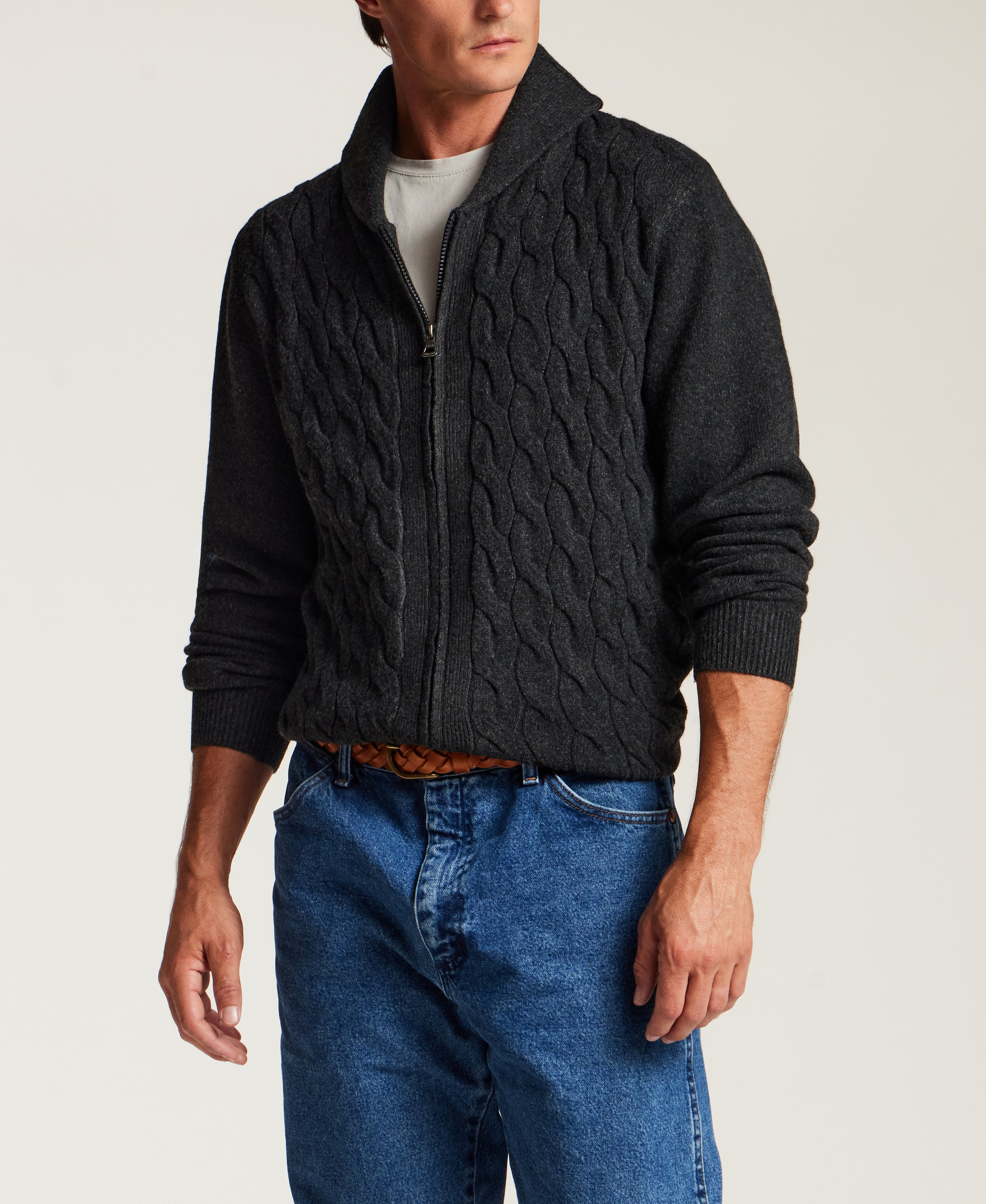 Shawl Collar Cable Sweater in Charcoal Heather