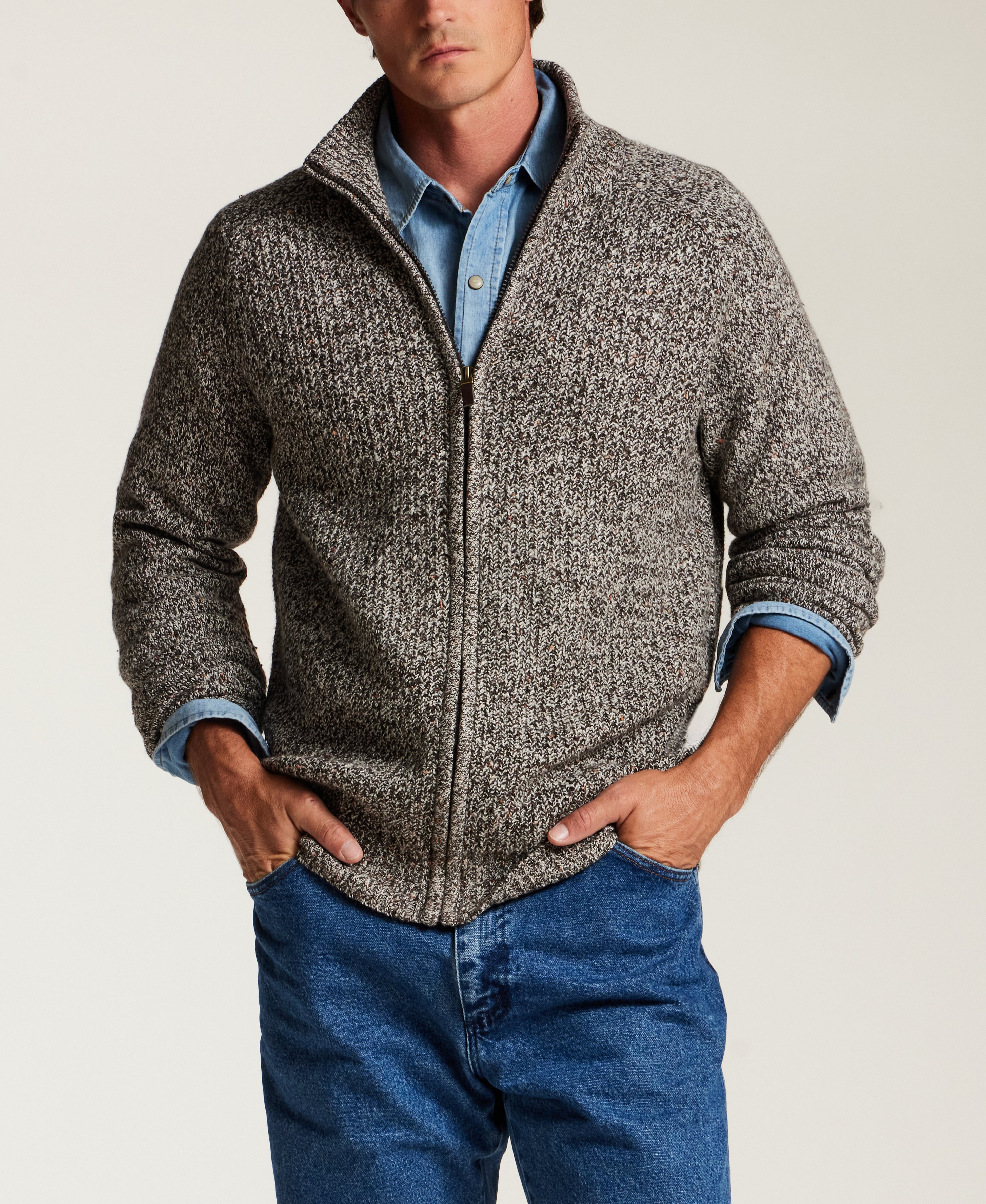 Donegal Marled Full-Zip Sweater in Chocolate