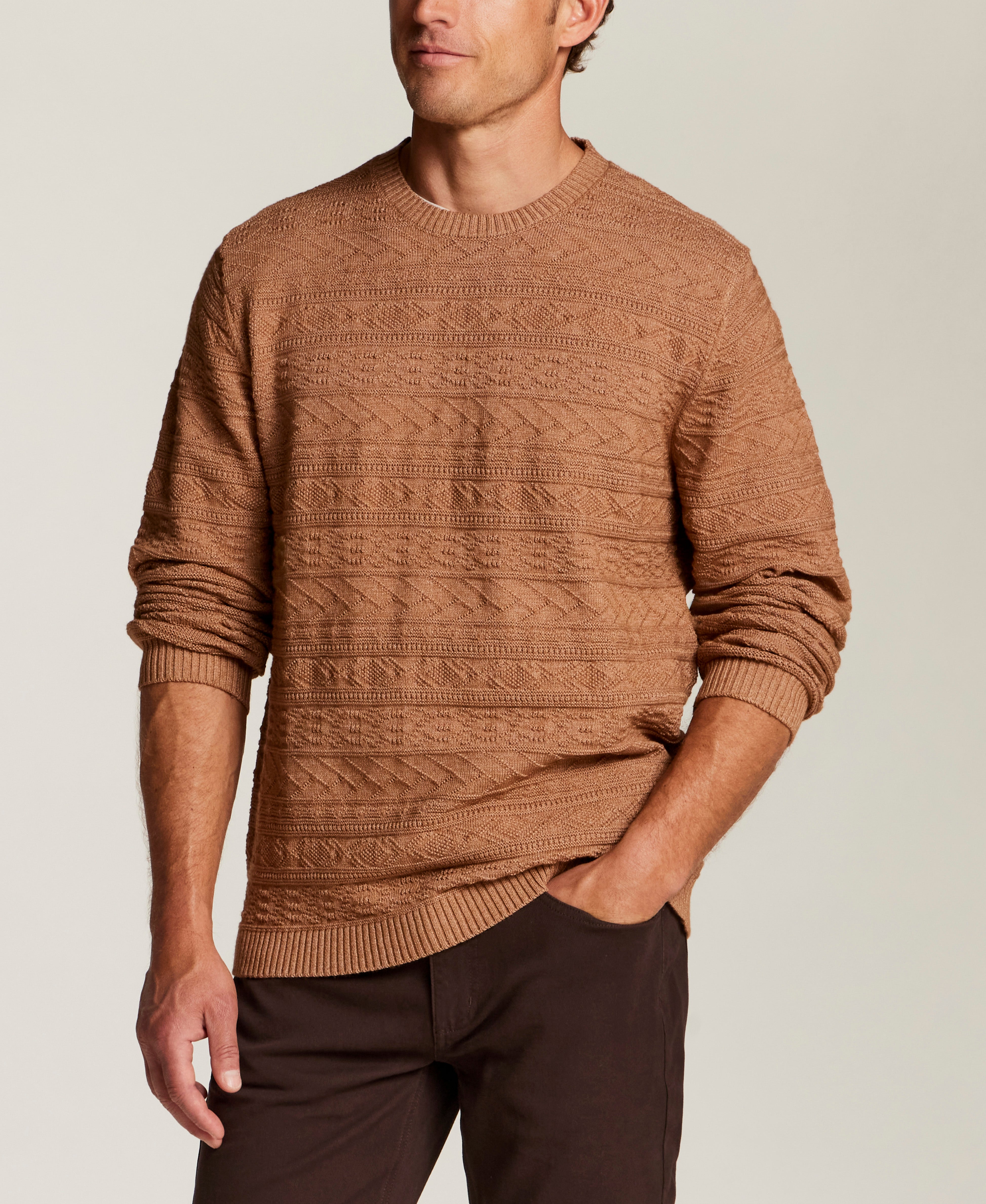 Textured Jacquard Crewneck Sweater in Almond