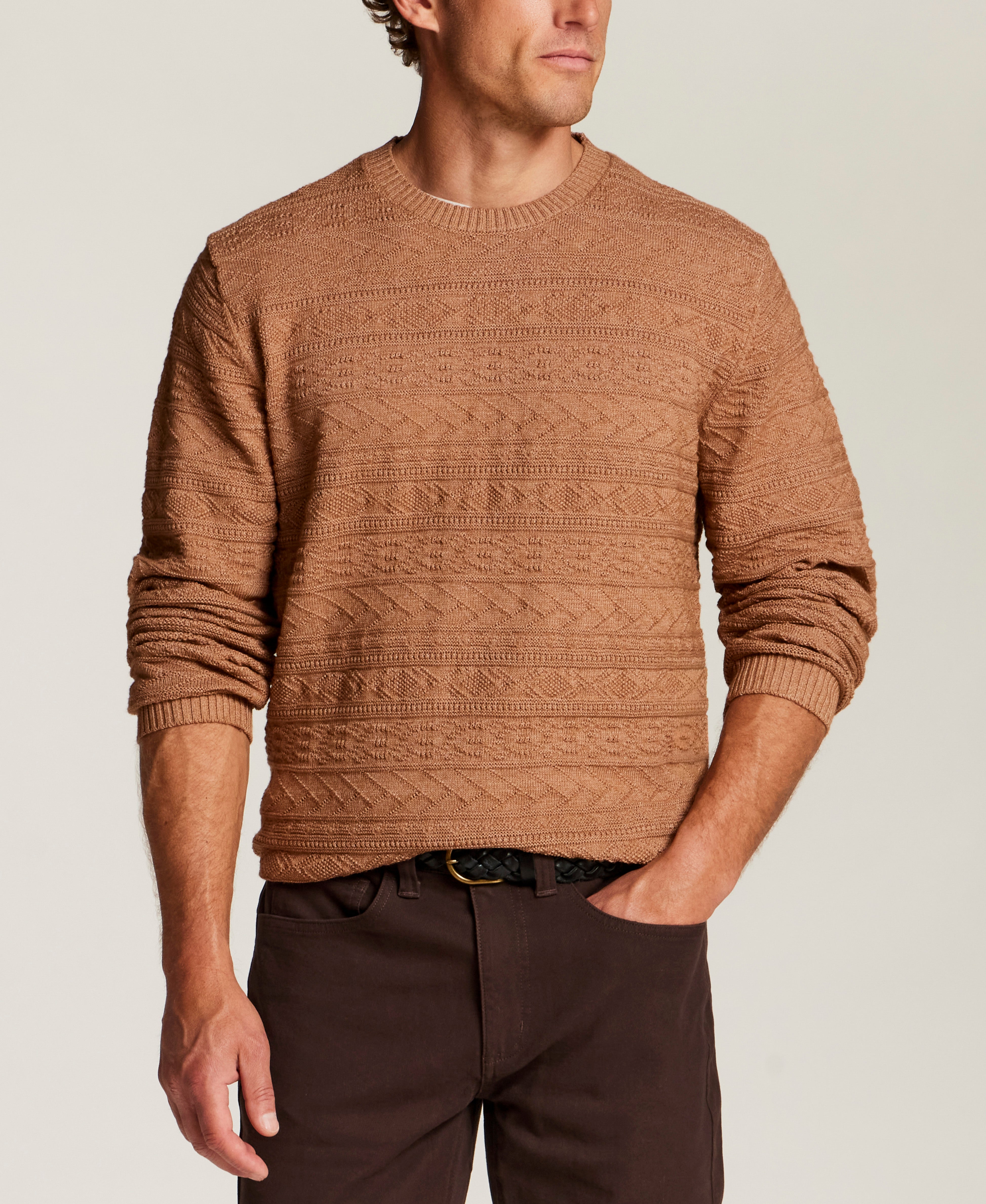 Textured Jacquard Crewneck Sweater in Almond
