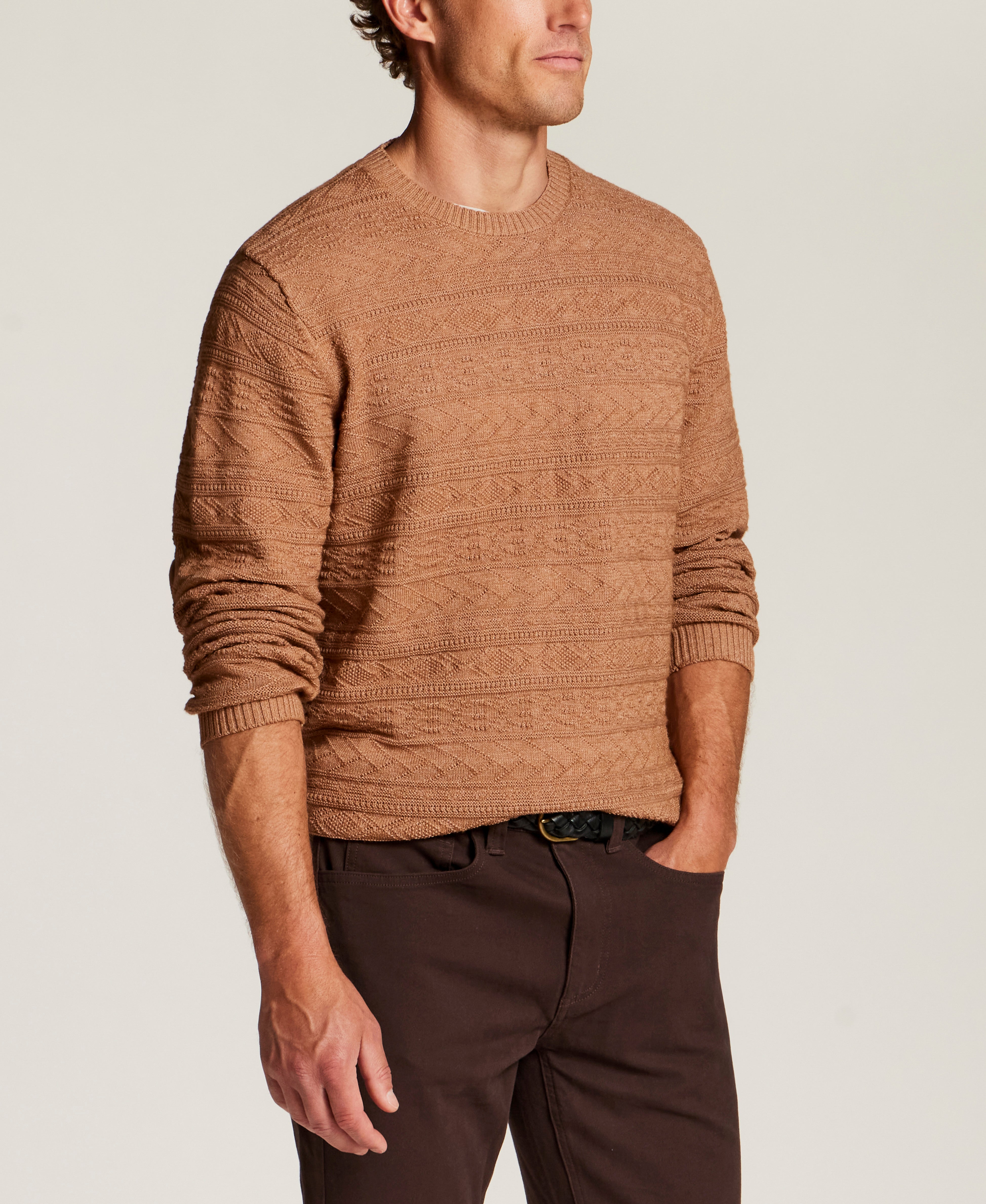 Textured Jacquard Crewneck Sweater in Almond