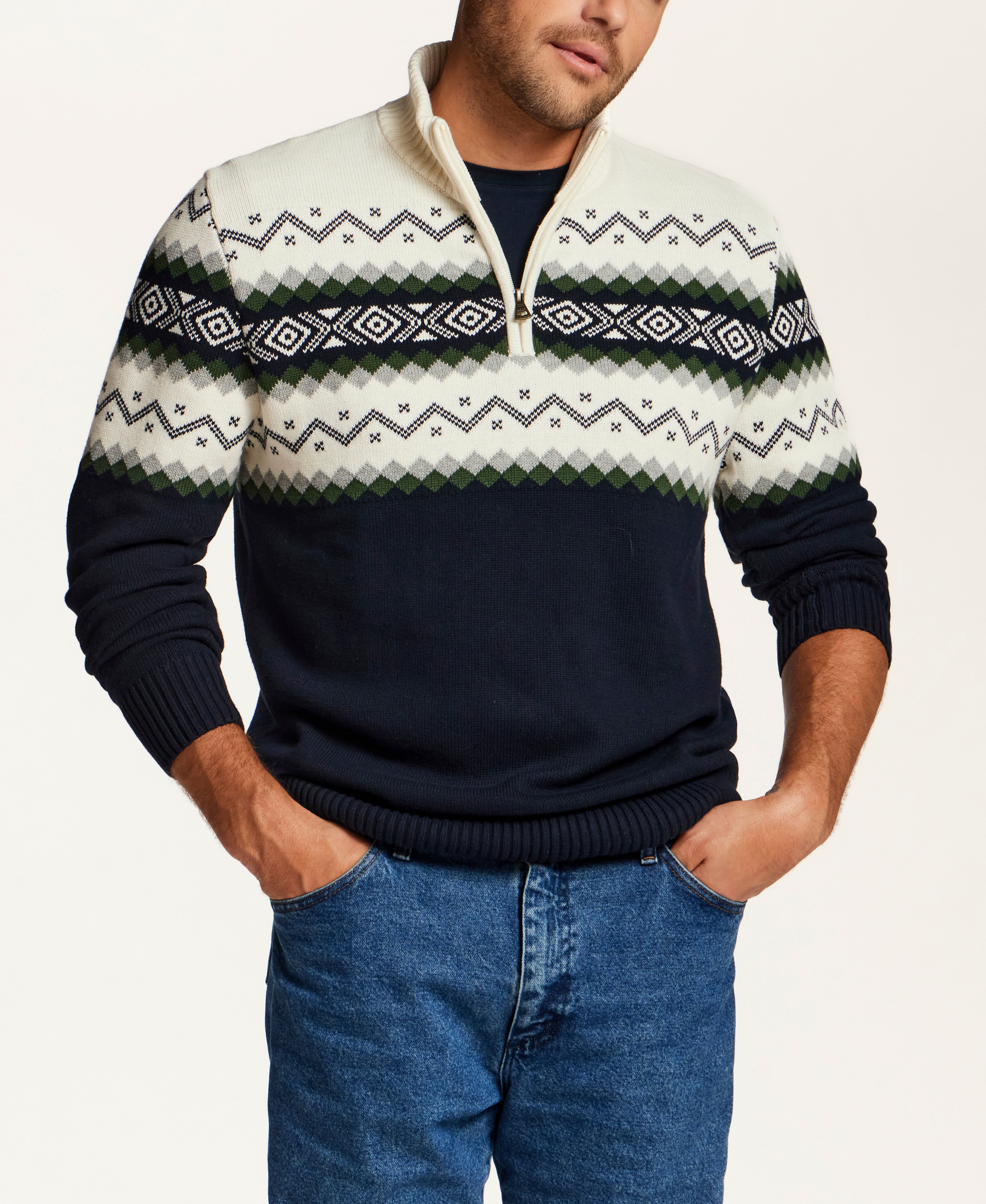Alpine Fair Isle Quarter-Zip Sweater in Dark Navy
