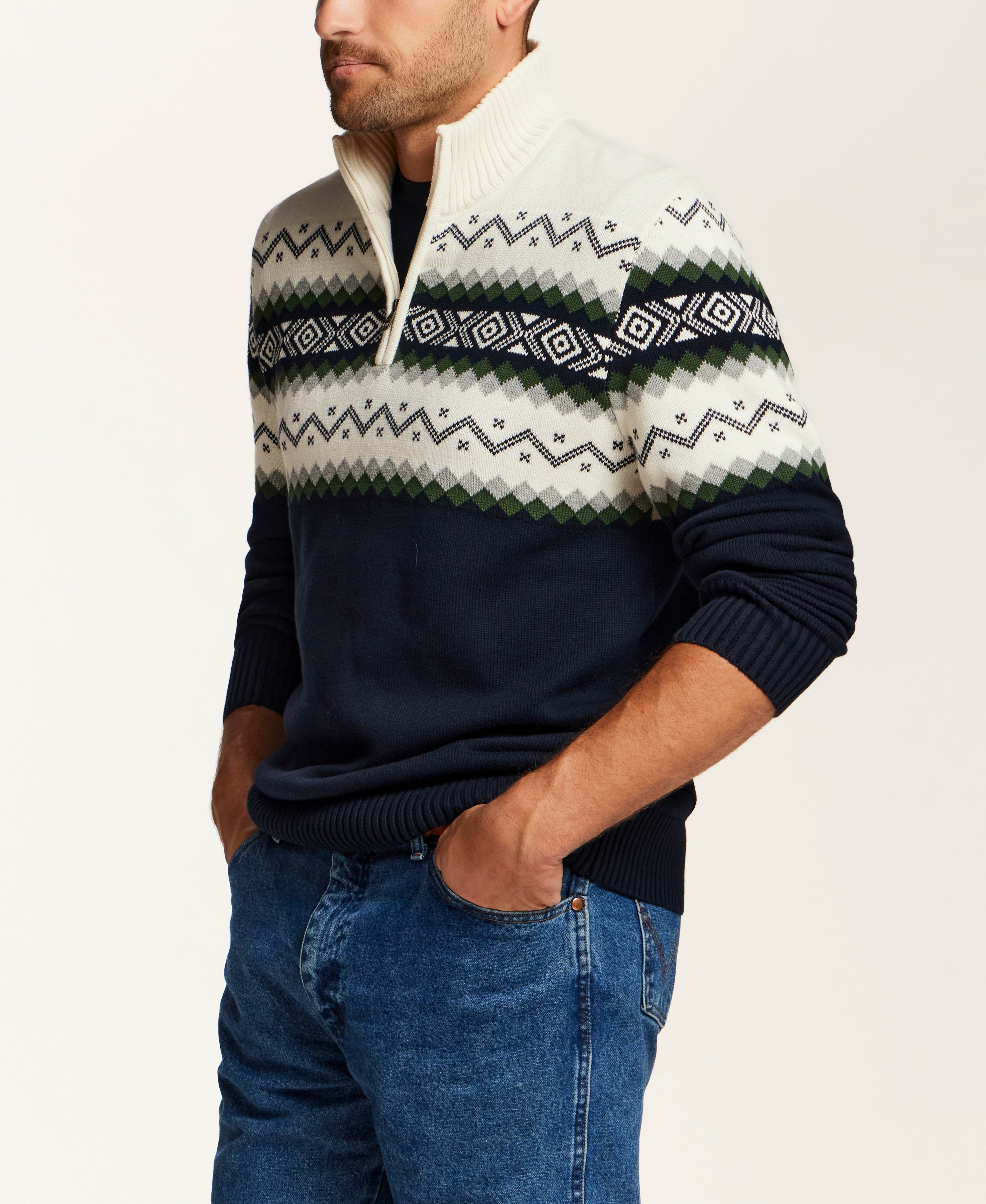 Alpine Fair Isle Quarter-Zip Sweater in Dark Navy