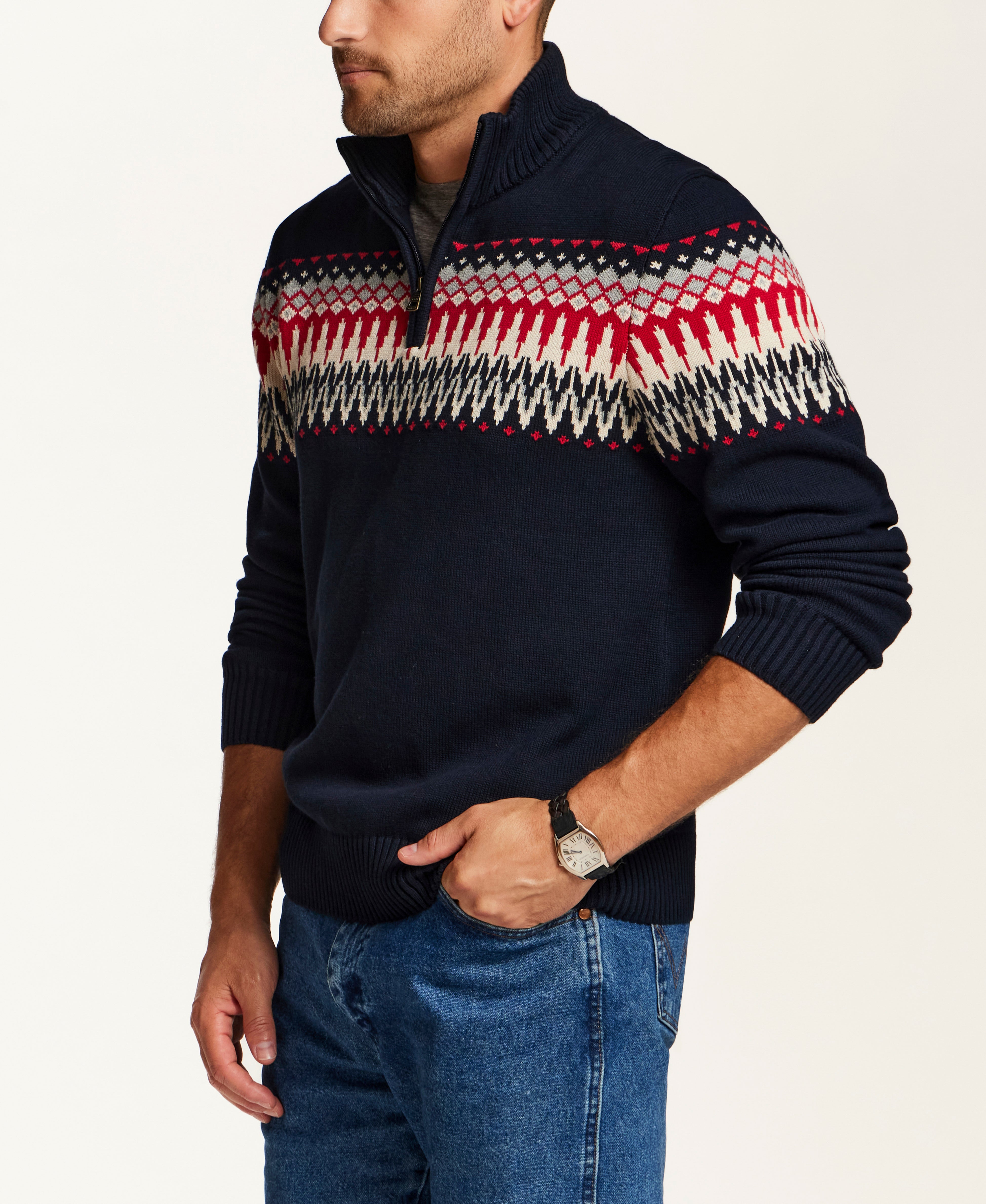Nordic Yoke Quarter-Zip Sweater in Dark Navy