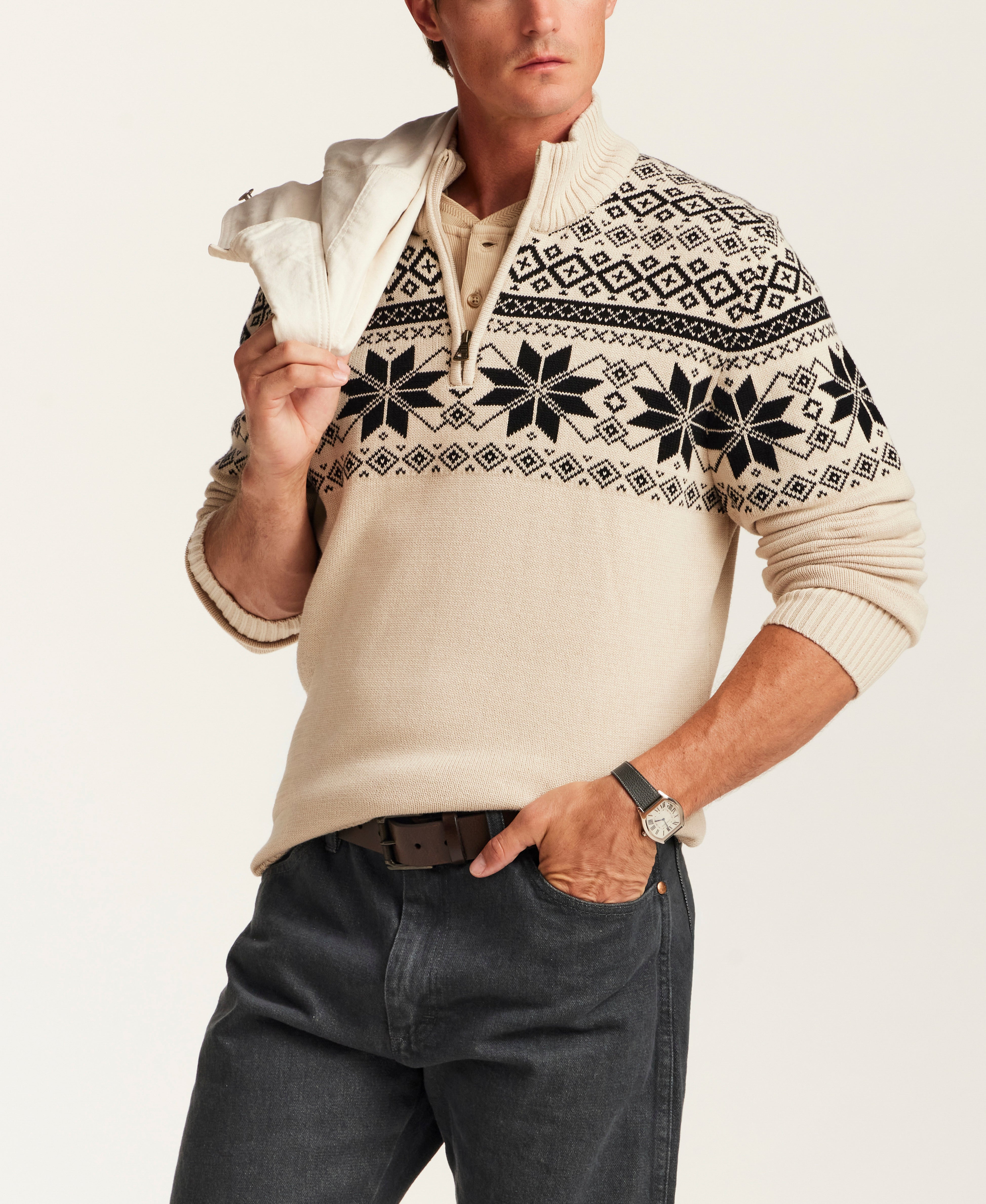 Snowflake Fair Isle Quarter-Zip Sweater in Beige