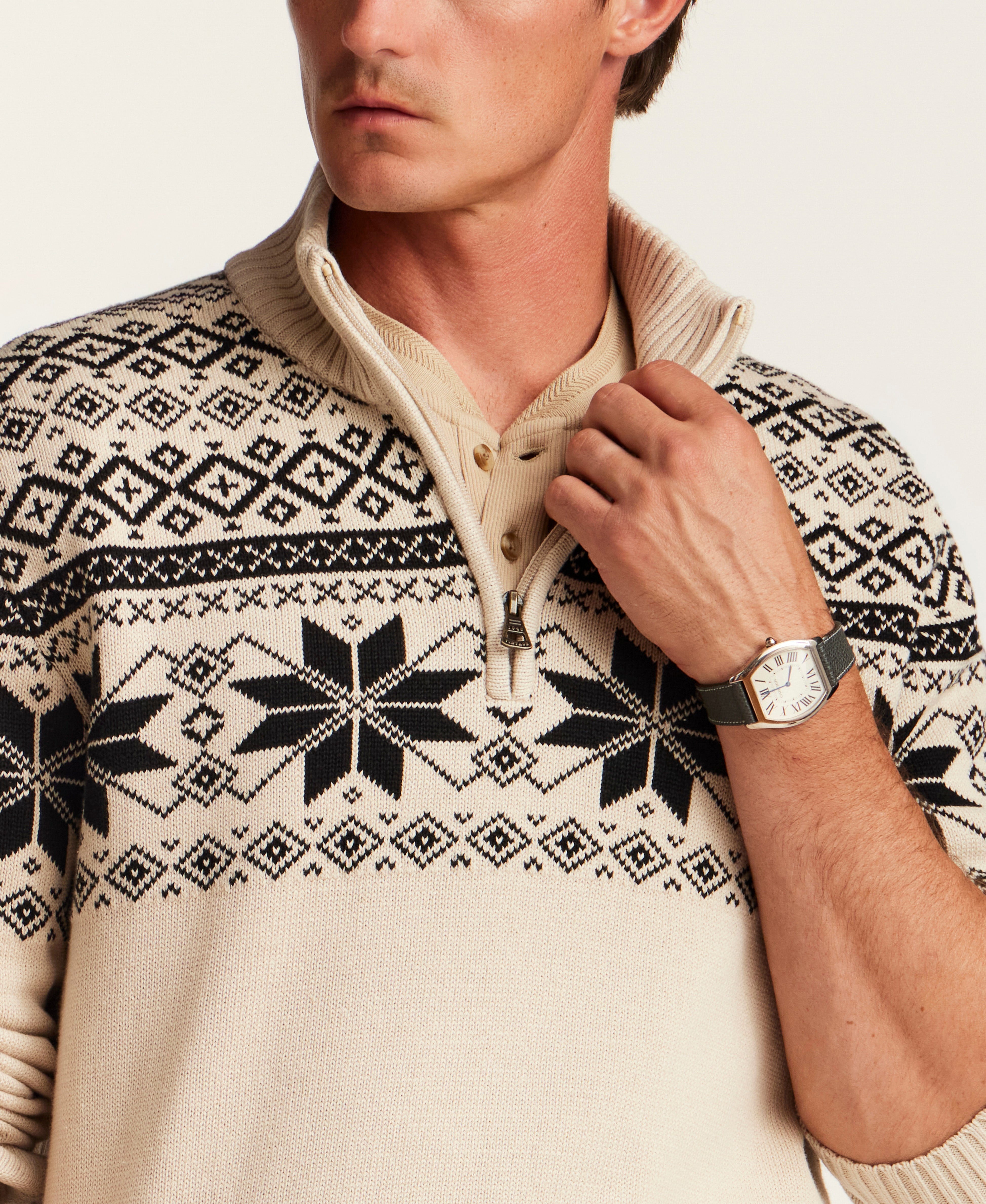 Snowflake Fair Isle Quarter-Zip Sweater in Beige
