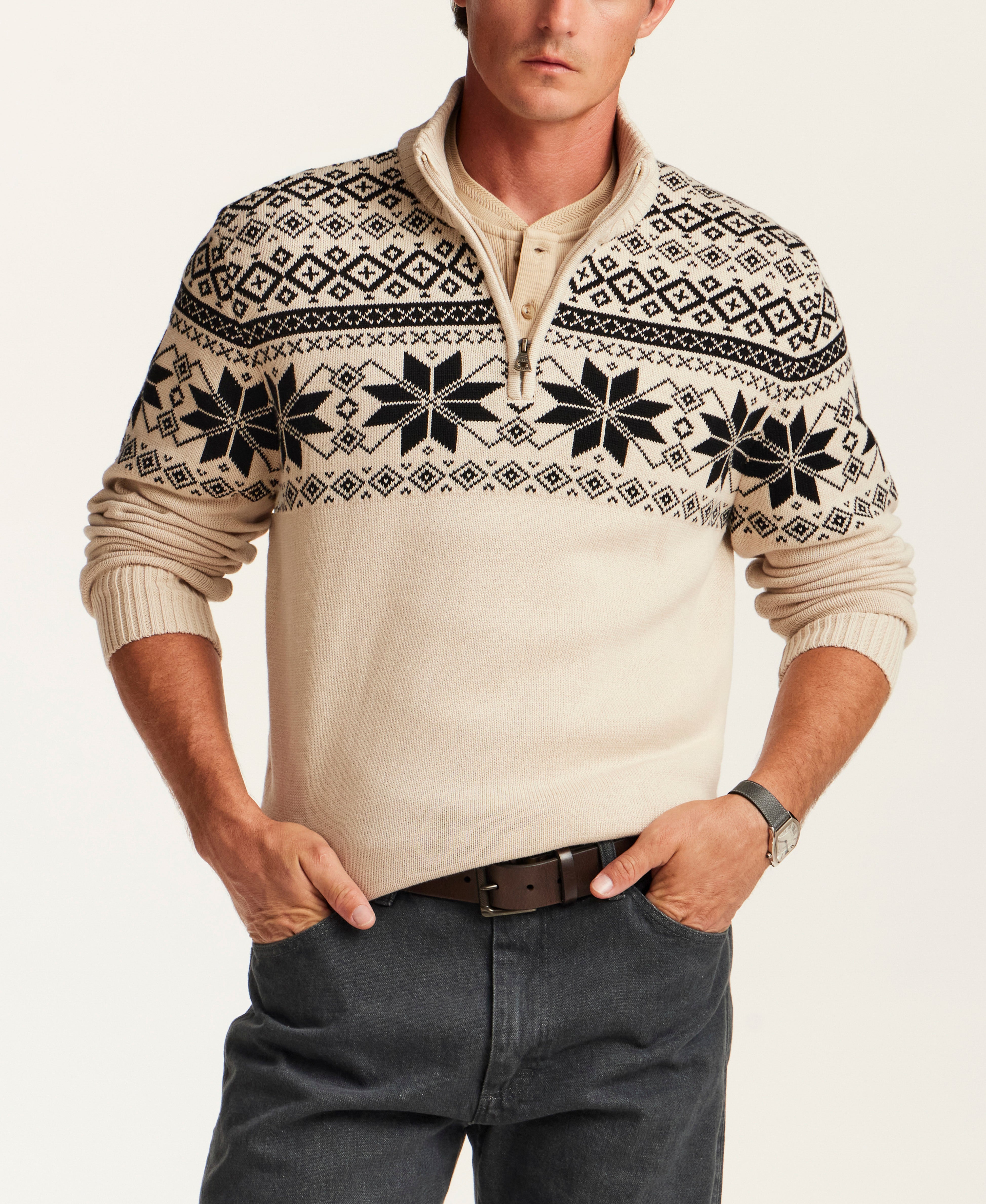 Snowflake Fair Isle Quarter-Zip Sweater in Beige