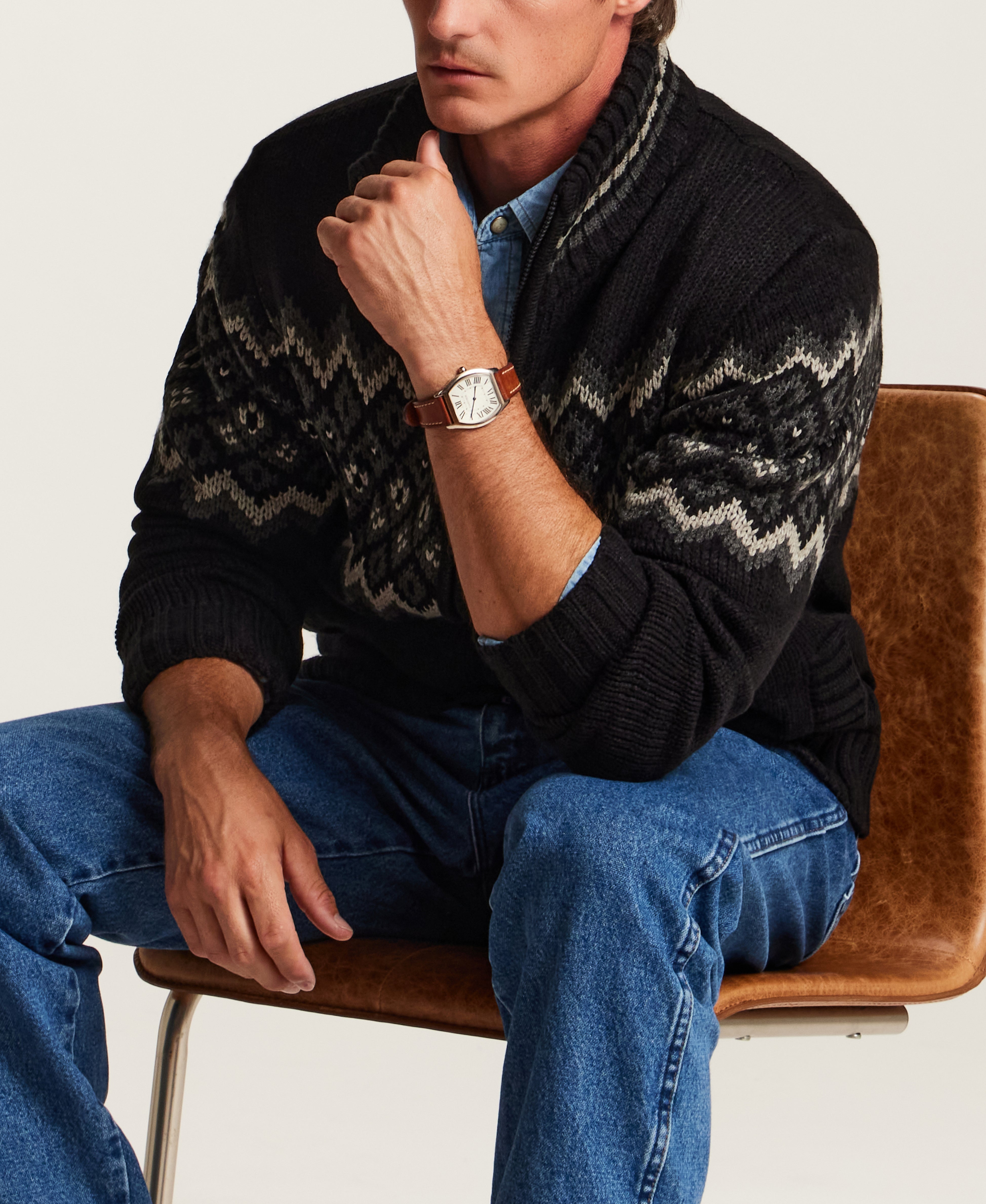 Sherpa-Lined Fair Isle Full-Zip Sweater Jacket in Black
