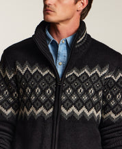 Sherpa-Lined Fair Isle Full-Zip Sweater Jacket in Black