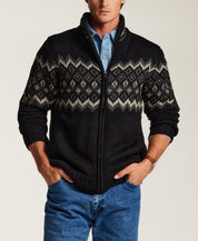 Sherpa-Lined Fair Isle Full-Zip Sweater Jacket in Black