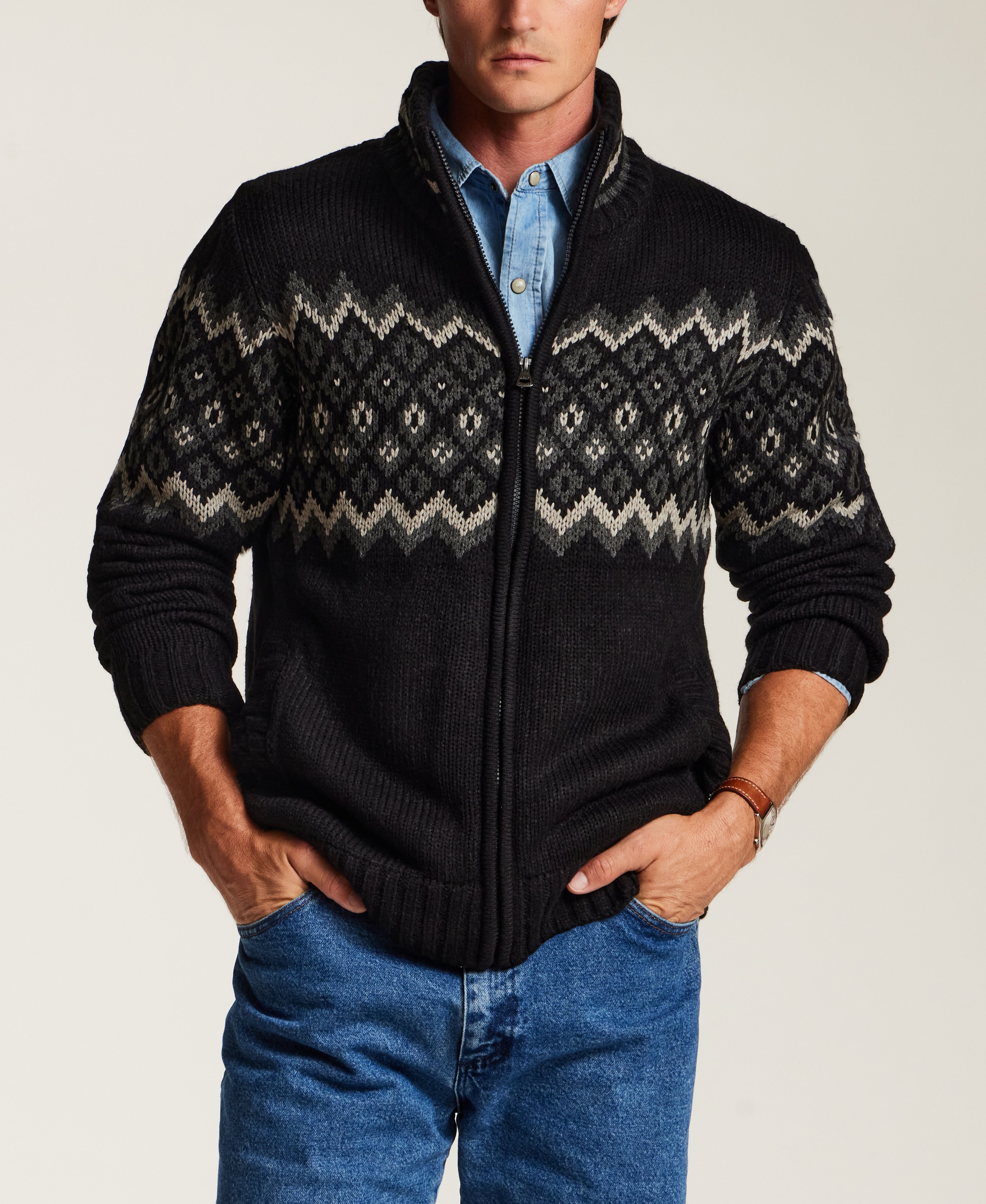Sherpa-Lined Fair Isle Full-Zip Sweater Jacket in Black