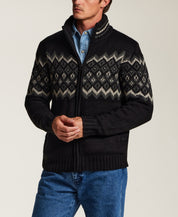 Sherpa-Lined Fair Isle Full-Zip Sweater Jacket in Black