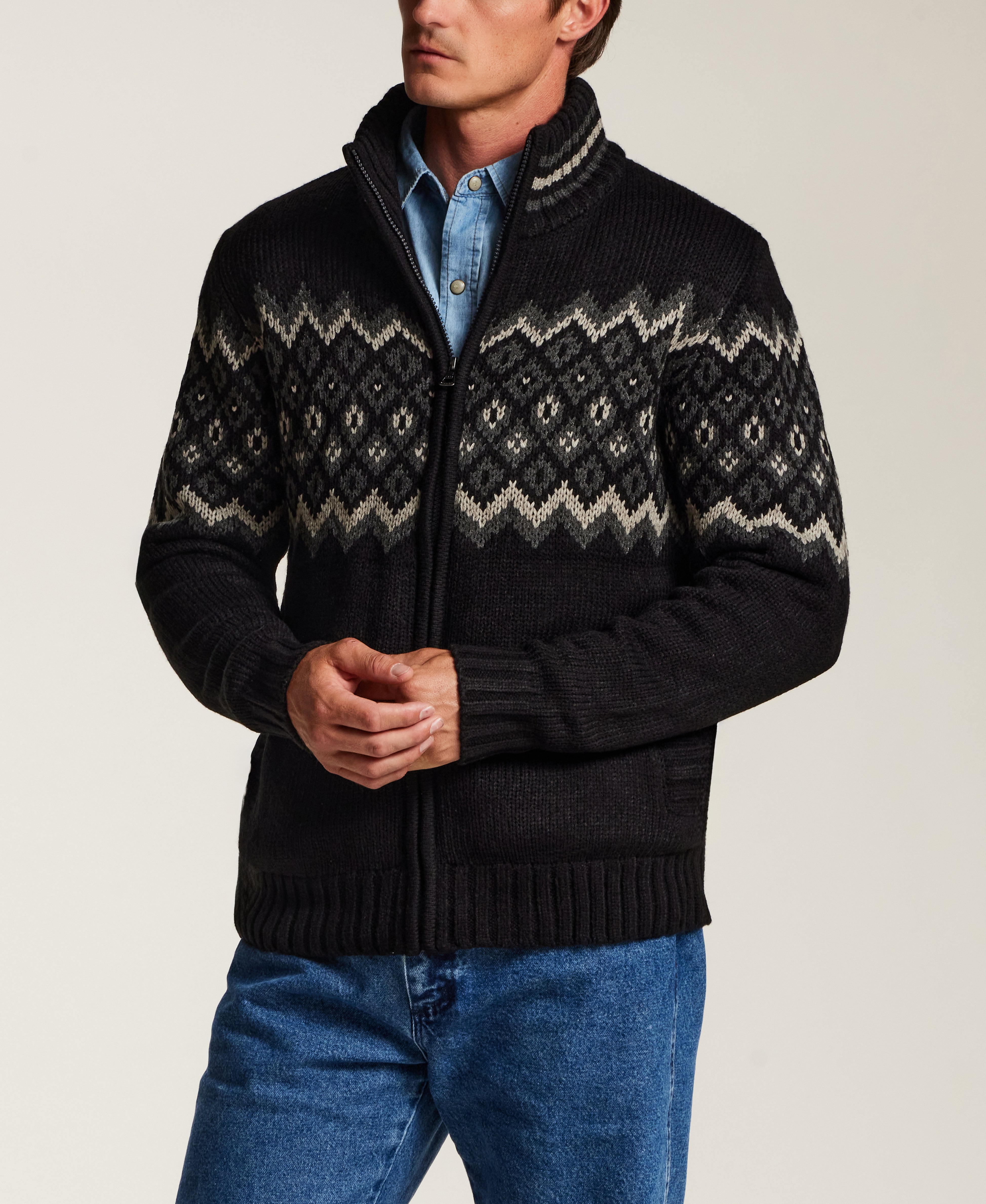 Sherpa-Lined Fair Isle Full-Zip Sweater Jacket in Black