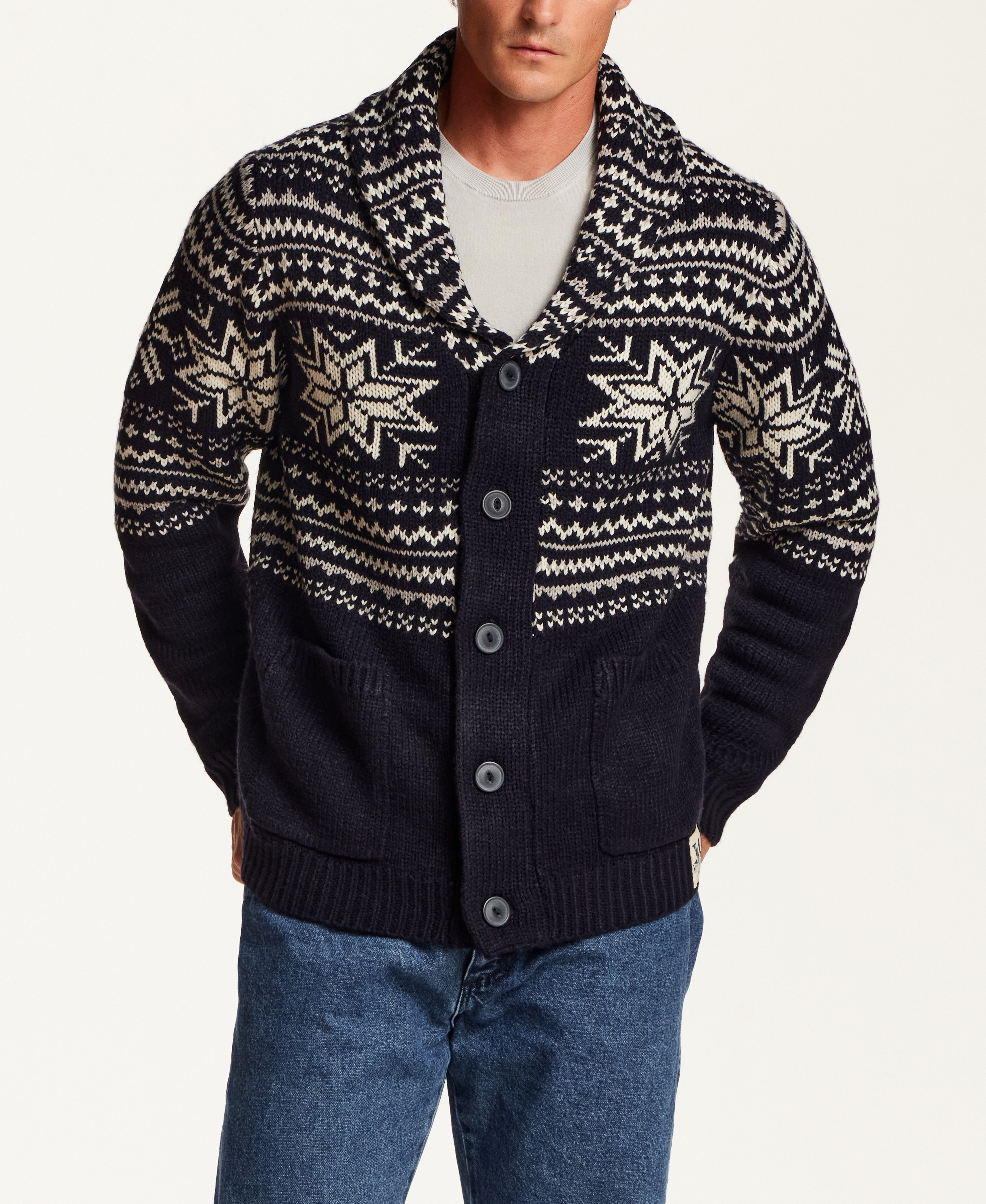SNOWFLAKE SHAWL COLLAR SWEATER JACKET in NAVY (F2640939WV)
