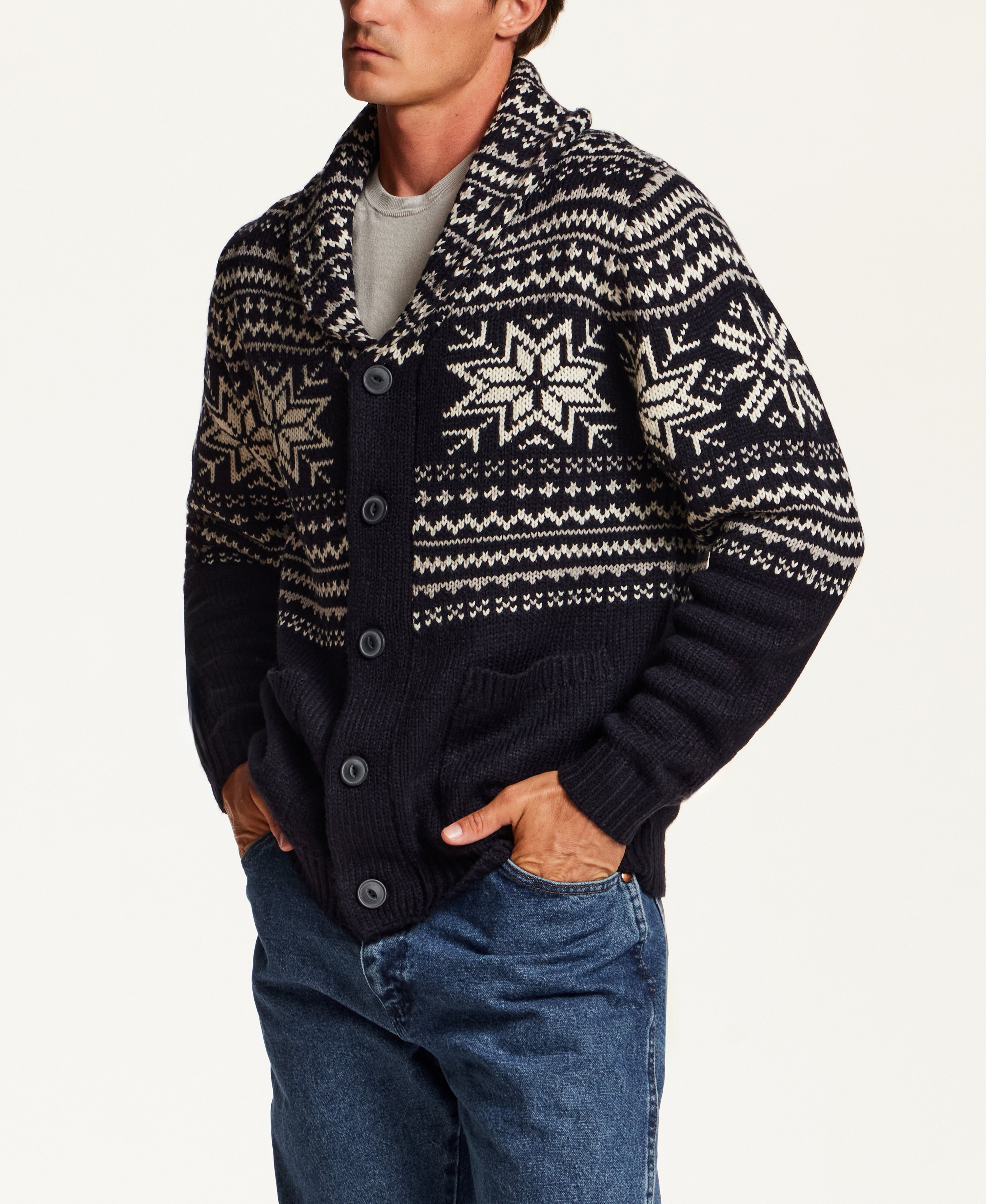 SNOWFLAKE SHAWL COLLAR SWEATER JACKET in NAVY (F2640939WV)