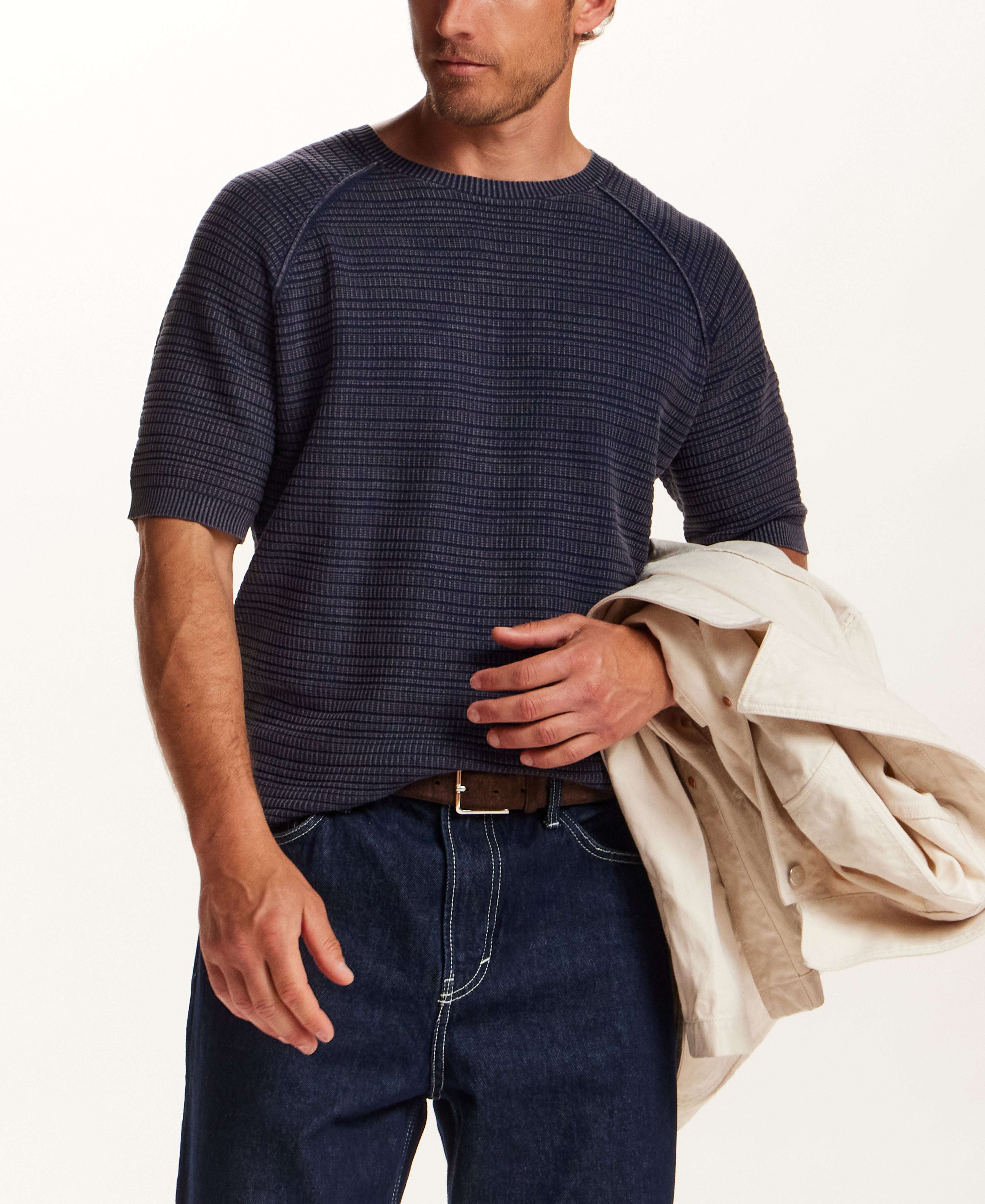 Stonewashed Dash Stitch Crewneck Sweater in Maritime Blue