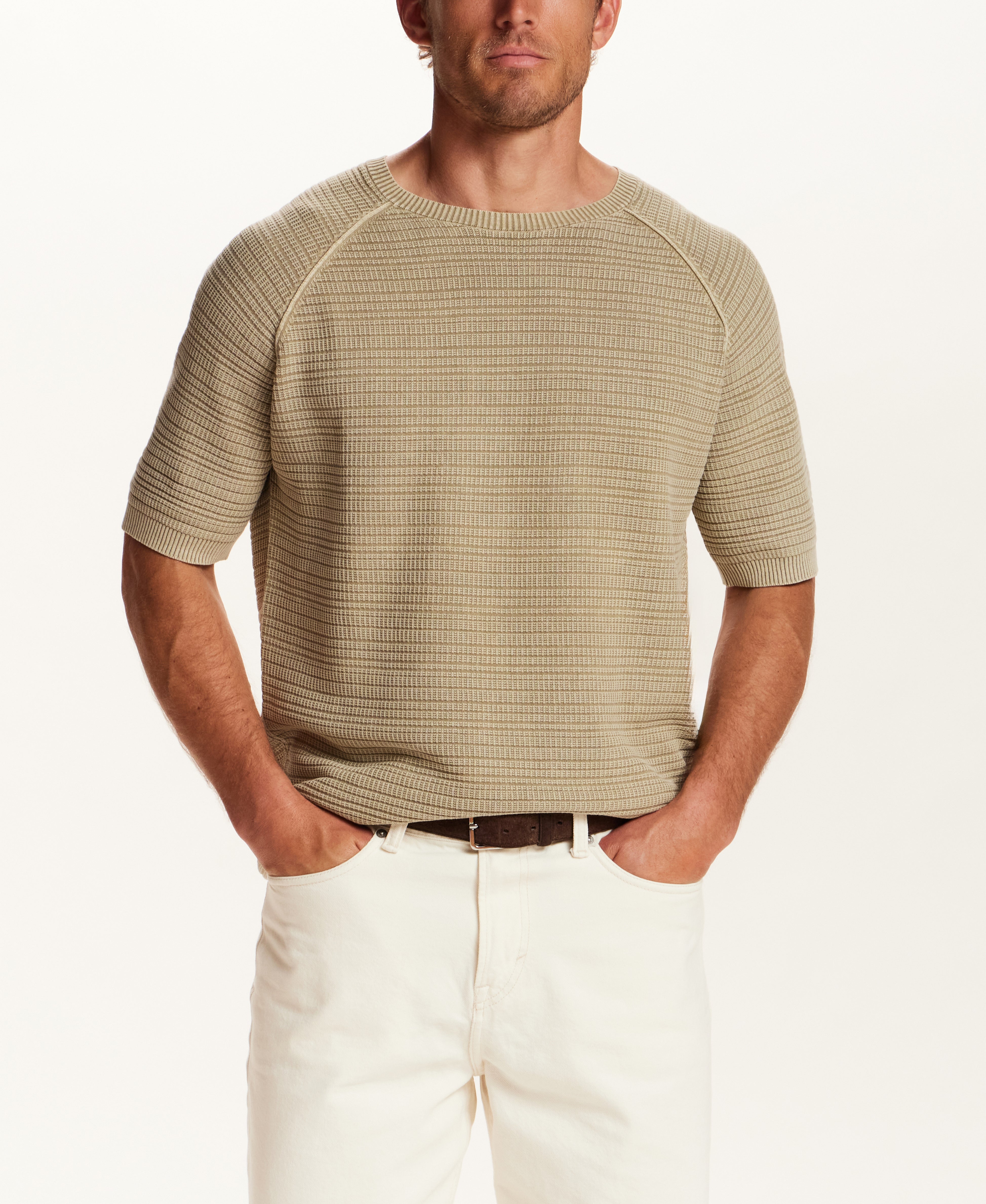 Stonewashed Dash Stitch Crewneck Sweater in Vintage Khaki