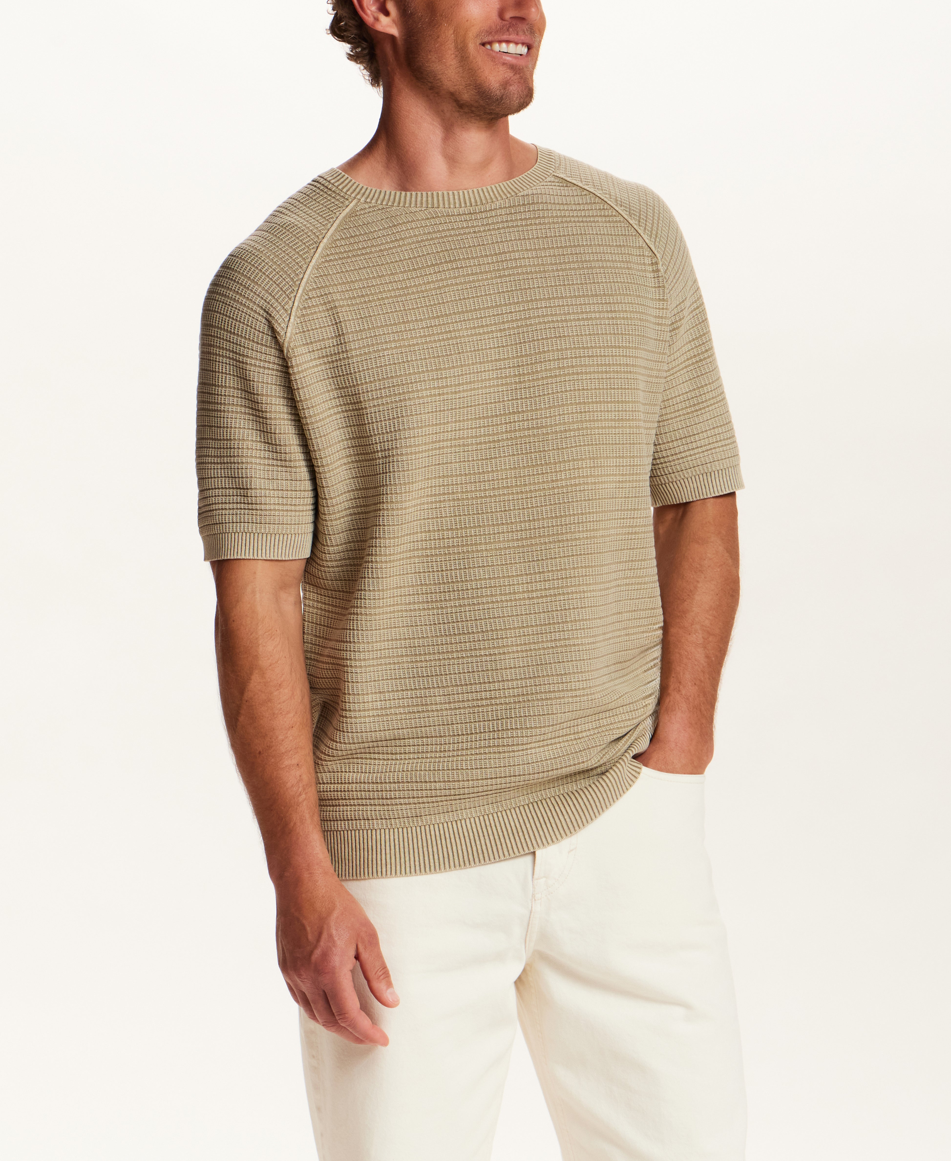 Stonewashed Dash Stitch Crewneck Sweater in Vintage Khaki